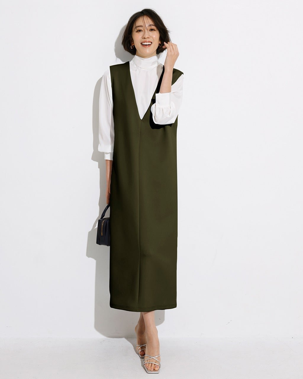 【ドゥクラッセ/DoCLASSE】のダブル編みジャージー・深Vネックジャンスカ 120cm インテリア・キッズ・メンズ・レディースファッション・服の通販 founy(ファニー) 　ファッション　Fashion　レディースファッション　Fashion for Women　ワンピース　Dresses　ダブル　Double, Double-Breasted　人気　Popular, Best Seller　ダークセージ|ID: prp329100003831742 ipo3291000000035992793