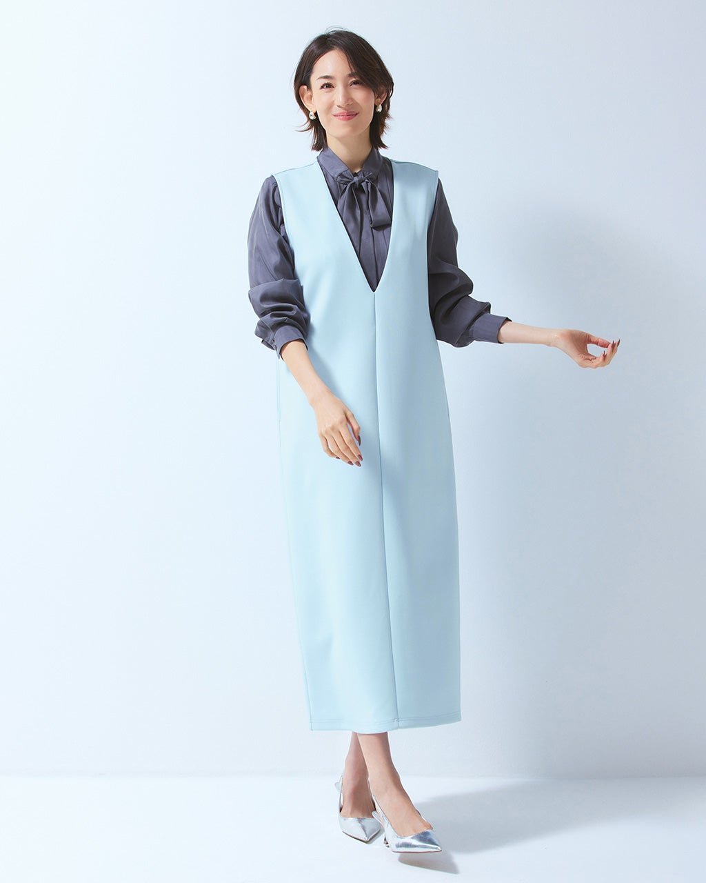 【ドゥクラッセ/DoCLASSE】のダブル編みジャージー・深Vネックジャンスカ 120cm インテリア・キッズ・メンズ・レディースファッション・服の通販 founy(ファニー) 　ファッション　Fashion　レディースファッション　Fashion for Women　ワンピース　Dresses　ダブル　Double, Double-Breasted　人気　Popular, Best Seller　アイスブルー|ID: prp329100003831742 ipo3291000000035992798