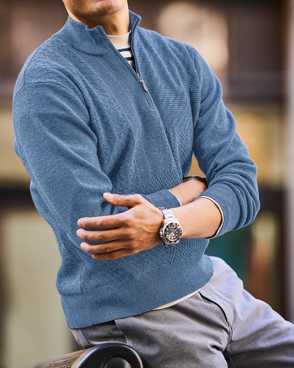 【ドゥクラッセ/DoCLASSE / MEN】のコットンブレンド巧み編みハーフジップ インテリア・キッズ・メンズ・レディースファッション・服の通販 founy(ファニー) 　ファッション　Fashion　メンズファッション　MEN　セーター　Sweater　ハーフ　Half　パッチワーク　Patchwork　ミラノ　Milan　メンズ　Mens　サックス|ID: prp329100004350839 ipo3291000000030383463