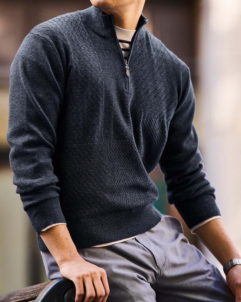 【ドゥクラッセ/DoCLASSE / MEN】のコットンブレンド巧み編みハーフジップ インテリア・キッズ・メンズ・レディースファッション・服の通販 founy(ファニー) 　ファッション　Fashion　メンズファッション　MEN　セーター　Sweater　ハーフ　Half　パッチワーク　Patchwork　ミラノ　Milan　メンズ　Mens　ネイビー|ID: prp329100004350839 ipo3291000000030383468
