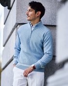 【ドゥクラッセ/DoCLASSE / MEN】のハイツイストジャガードハーフジップ 人気、トレンドファッション・服の通販 founy(ファニー) ファッション Fashion メンズファッション MEN NEW・新作・新着・新入荷 New Arrivals ストライプ Stripe セーター Sweater ツイスト Twist フィット Fit メンズ Mens thumbnail サックス|ID: prp329100004350859 ipo3291000000030383599