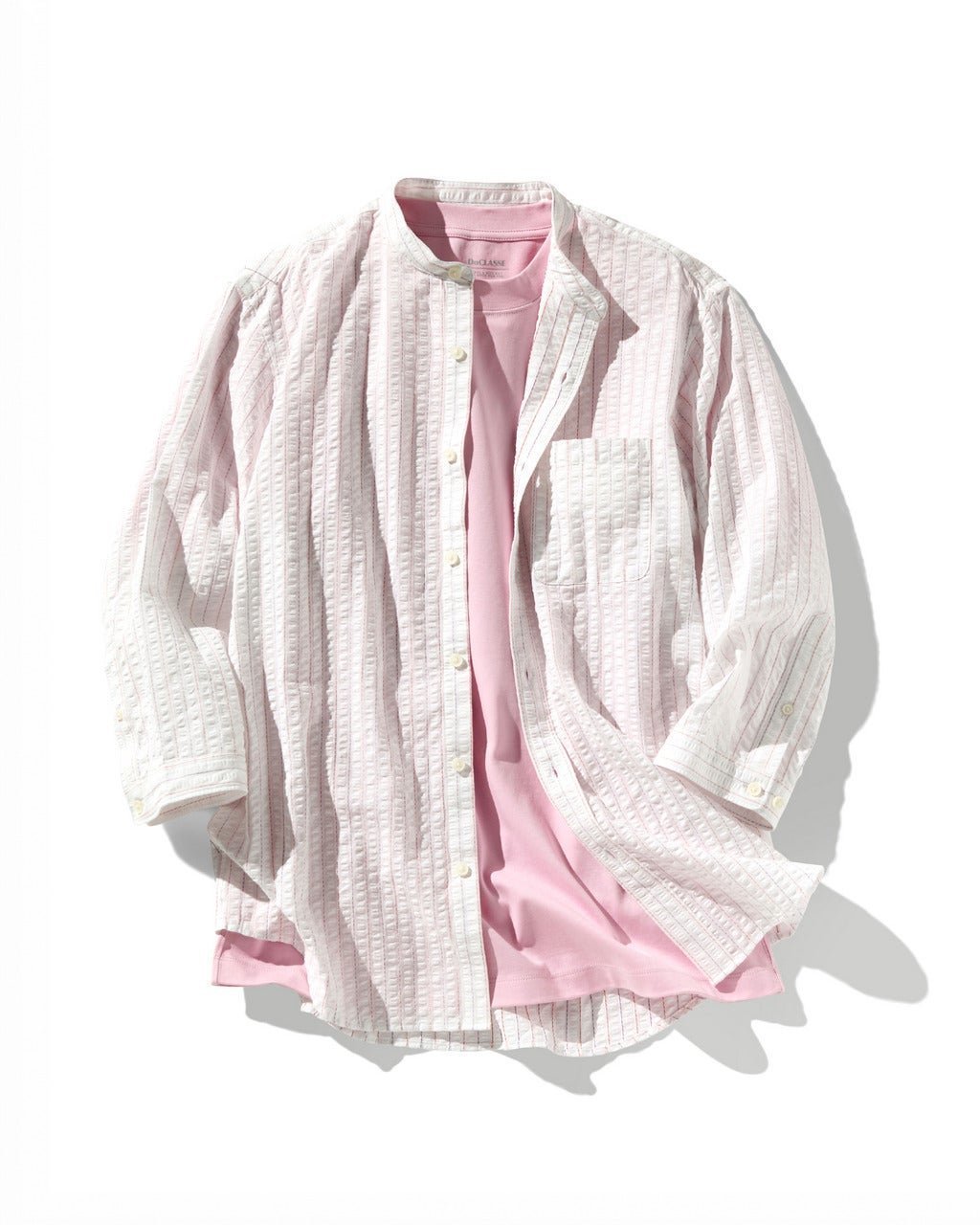 【ドゥクラッセ/DoCLASSE / MEN】のライトコットン先染めシアサッカー 7分袖 インテリア・キッズ・メンズ・レディースファッション・服の通販 founy(ファニー) 　ファッション　Fashion　メンズファッション　Fashion for Men　スタンド　Stand Collar, Upright Stand　メンズ　Men's, Menswear　半袖　Short Sleeve, Half Sleeve　抗菌　Antibacterial, Bacteria-Resistant　軽量　Lightweight, Ultra Light　長袖　Long Sleeve, Full Sleeve　オフホワイト&times;オレンジ|ID: prp329100004385192 ipo3291000000036037571