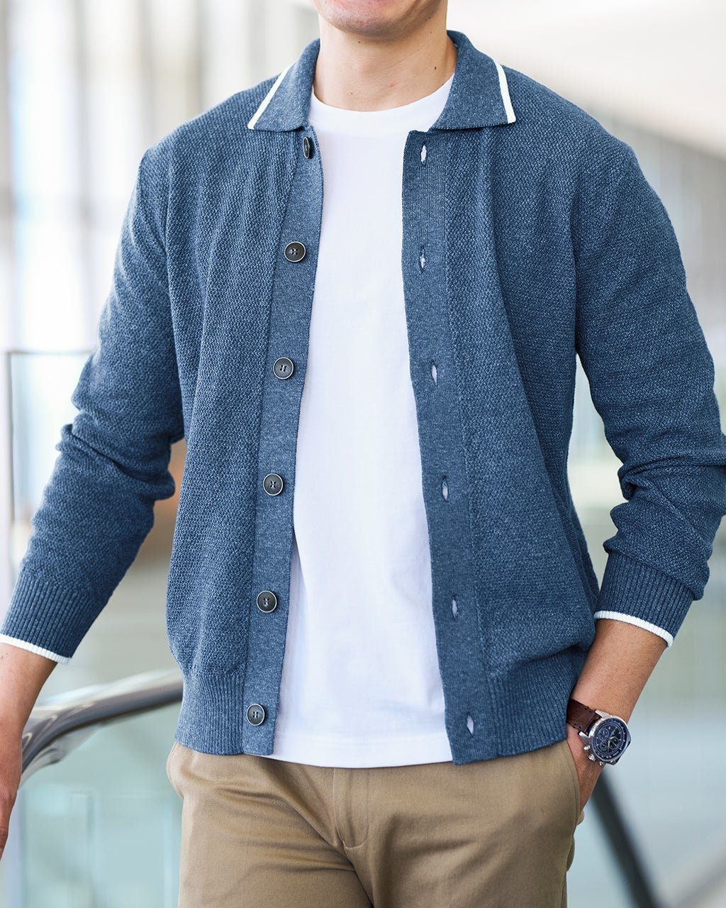 【ドゥクラッセ/DoCLASSE / MEN】のインディゴ調ボタンフロントカーディガン インテリア・キッズ・メンズ・レディースファッション・服の通販 founy(ファニー) 　ファッション　Fashion　メンズファッション　MEN　インディゴ　Indigo　セーター　Sweater　ポケット　Pocket　メンズ　Mens　エレガント 上品　Elegant　鹿の子　Pique　サックス|ID: prp329100004392374 ipo3291000000030710252