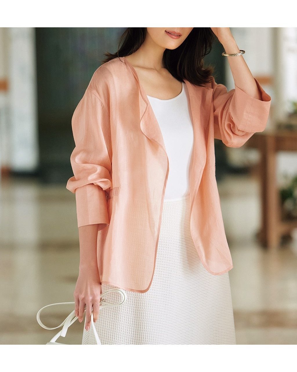 【ドゥクラッセ/DoCLASSE】のシアーラミー・ノーカラージャケット 人気、トレンドファッション・服の通販 founy(ファニー) 　ファッション　Fashion　レディースファッション　WOMEN　アウター　Coat Outerwear　ジャケット　Jackets　ノーカラージャケット　No Collar Leather Jackets　NEW・新作・新着・新入荷　New Arrivals　ジャケット　Jacket　ドレープ　Drape　リボン　Ribbon　 other-1|ID: prp329100004485529 ipo3291000000031619370