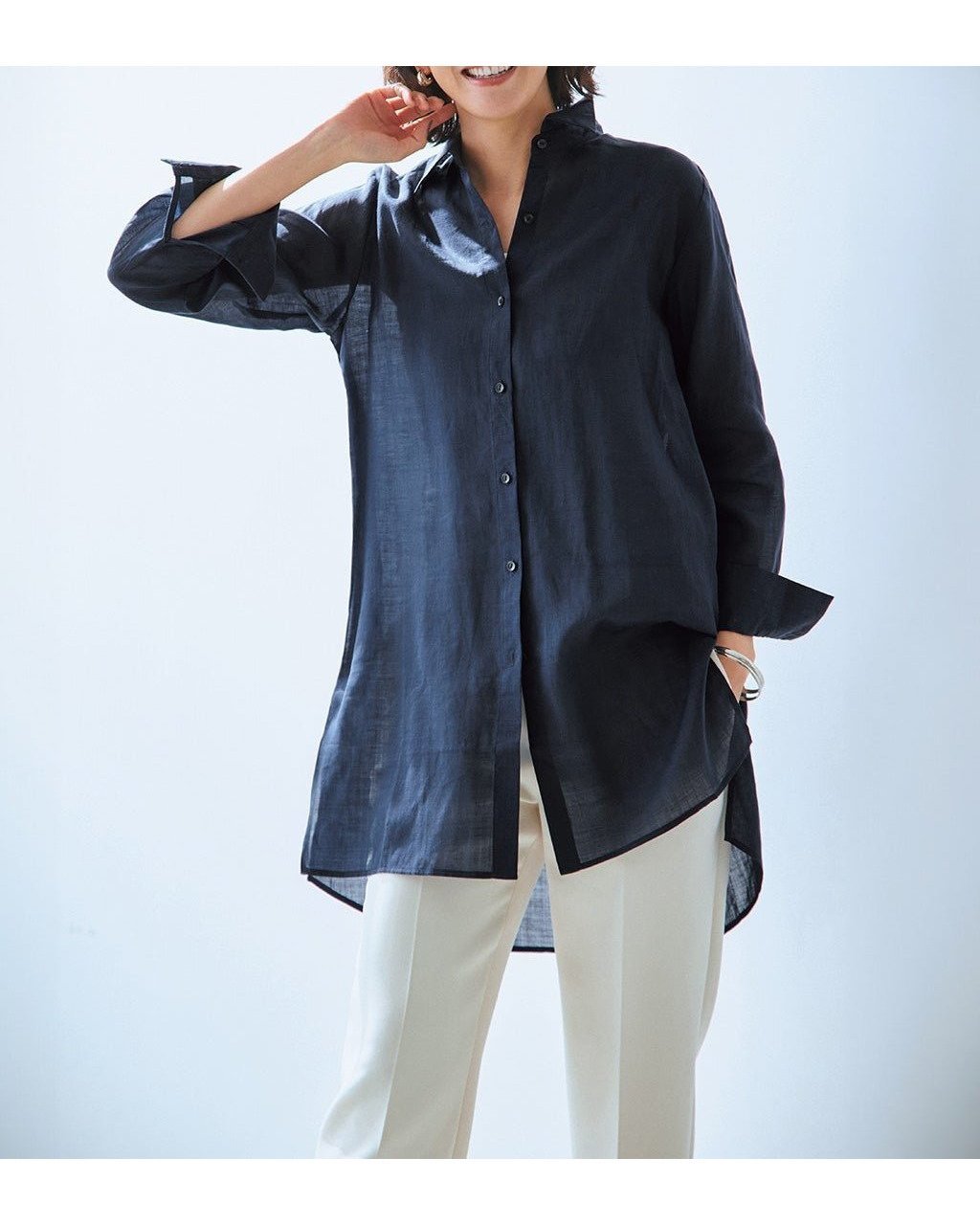 【ドゥクラッセ/DoCLASSE】のシアーラミー・ロングシャツ インテリア・キッズ・メンズ・レディースファッション・服の通販 founy(ファニー) 　ファッション　Fashion　レディースファッション　WOMEN　トップス・カットソー　Tops/Tshirt　シャツ/ブラウス　Shirts/Blouses　NEW・新作・新着・新入荷　New Arrivals　チュニック　Tunic　ドレープ　Drape　ロング　Long　ネイビー|ID: prp329100004485538 ipo3291000000031619430
