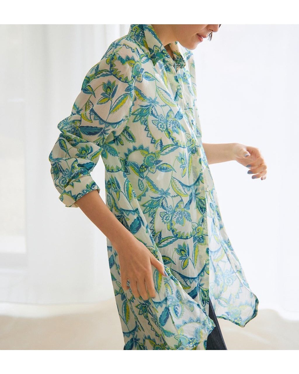【ドゥクラッセ/DoCLASSE】のシアーラミー・ロングシャツ インテリア・キッズ・メンズ・レディースファッション・服の通販 founy(ファニー) 　ファッション　Fashion　レディースファッション　WOMEN　トップス・カットソー　Tops/Tshirt　シャツ/ブラウス　Shirts/Blouses　NEW・新作・新着・新入荷　New Arrivals　チュニック　Tunic　ドレープ　Drape　ロング　Long　グリーン・パターン|ID: prp329100004485538 ipo3291000000031619431