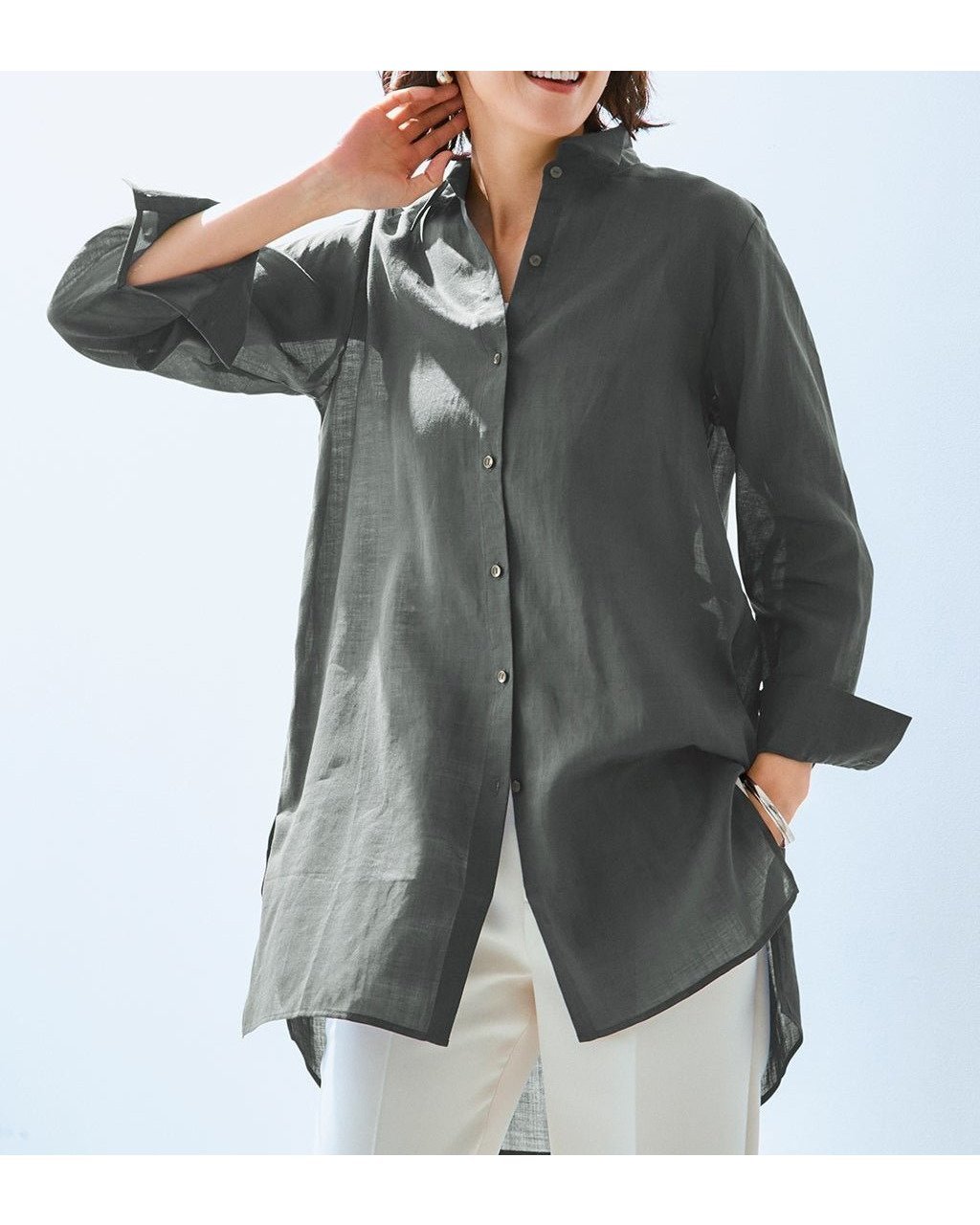 【ドゥクラッセ/DoCLASSE】のシアーラミー・ロングシャツ インテリア・キッズ・メンズ・レディースファッション・服の通販 founy(ファニー) 　ファッション　Fashion　レディースファッション　WOMEN　トップス・カットソー　Tops/Tshirt　シャツ/ブラウス　Shirts/Blouses　NEW・新作・新着・新入荷　New Arrivals　チュニック　Tunic　ドレープ　Drape　ロング　Long　オリーブ|ID: prp329100004485538 ipo3291000000031619435