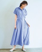 【ドゥクラッセ/DoCLASSE】のコットン混ブロード・ギャザーシャツワンピ ブルー・パターン|ID:prp329100004485558