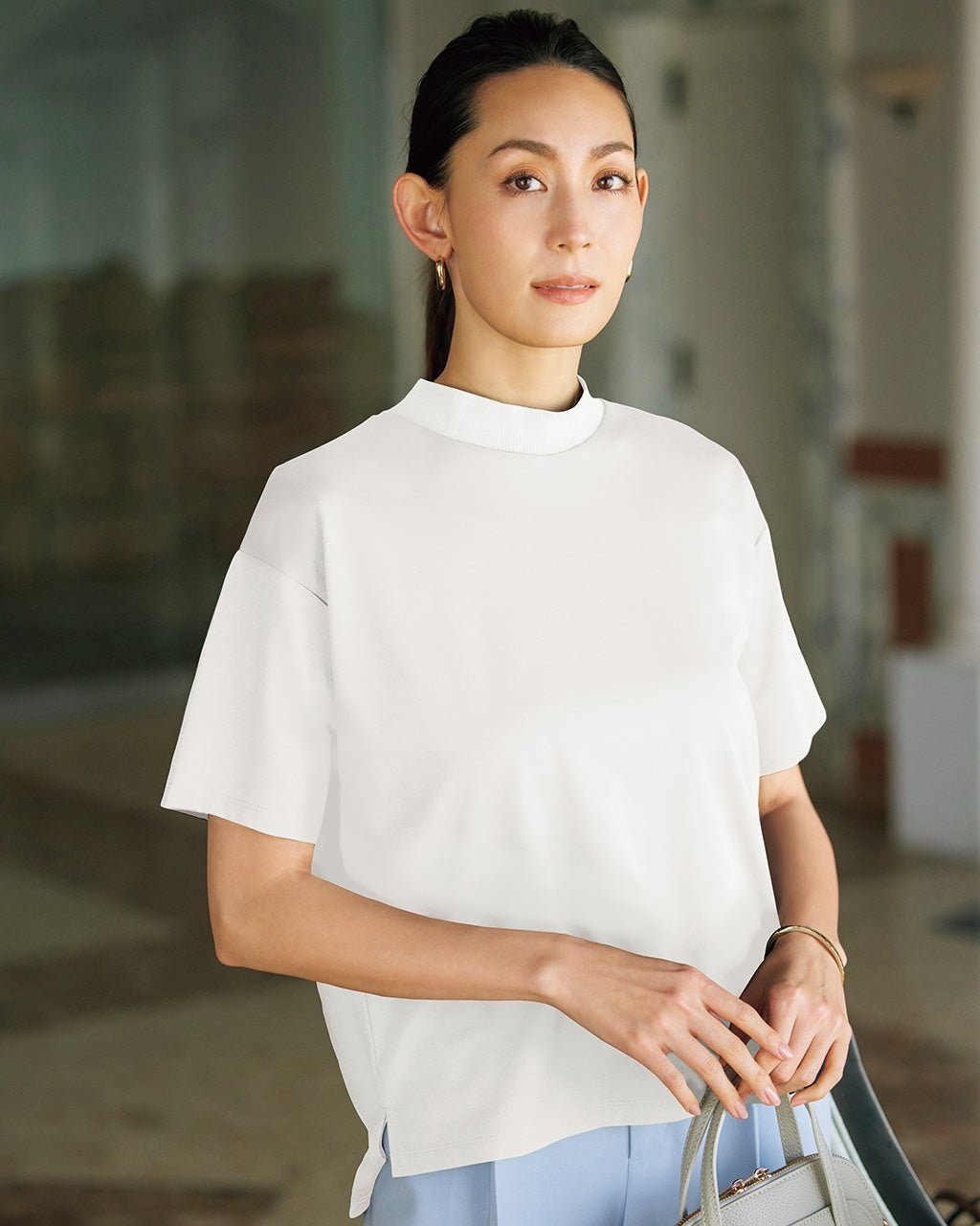 【ドゥクラッセ/DoCLASSE】のシルキーポンチ・リブモックネックT 人気、トレンドファッション・服の通販 founy(ファニー) 　ファッション　Fashion　レディースファッション　Fashion for Women　トップス・カットソー　Cut & Sew Tops　シャツ・ブラウス・オフィスカジュアル　Elegant Blouses & Button-Ups　ロングTシャツ・Tシャツ　Longline T-Shirts & Tees　カットソー・ベーシックTシャツ　Cut-and-Sewn Tops / Stretch Tees & Basics　なめらか　Smooth, Silky Texture　インナー　Innerwear　カットソー　Cut and Sewn Top　ハイネック　High Neck, Mock Neck　フォルム　Silhouette, Form　半袖　Short Sleeve, Half Sleeve　夏　Summer　 other-1|ID: prp329100004485561 ipo3291000000033112814