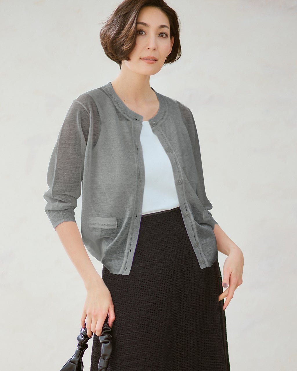 【ドゥクラッセ/DoCLASSE】のシアーニット・7分袖カーディガン インテリア・キッズ・メンズ・レディースファッション・服の通販 founy(ファニー) 　ファッション　Fashion　レディースファッション　WOMEN　トップス・カットソー　Tops/Tshirt　ニット　Knit Tops　カーディガン　Cardigans　NEW・新作・新着・新入荷　New Arrivals　カーディガン　Cardigan　バランス　Balance　ポケット　Pocket　グレー|ID: prp329100004522415 ipo3291000000031989576