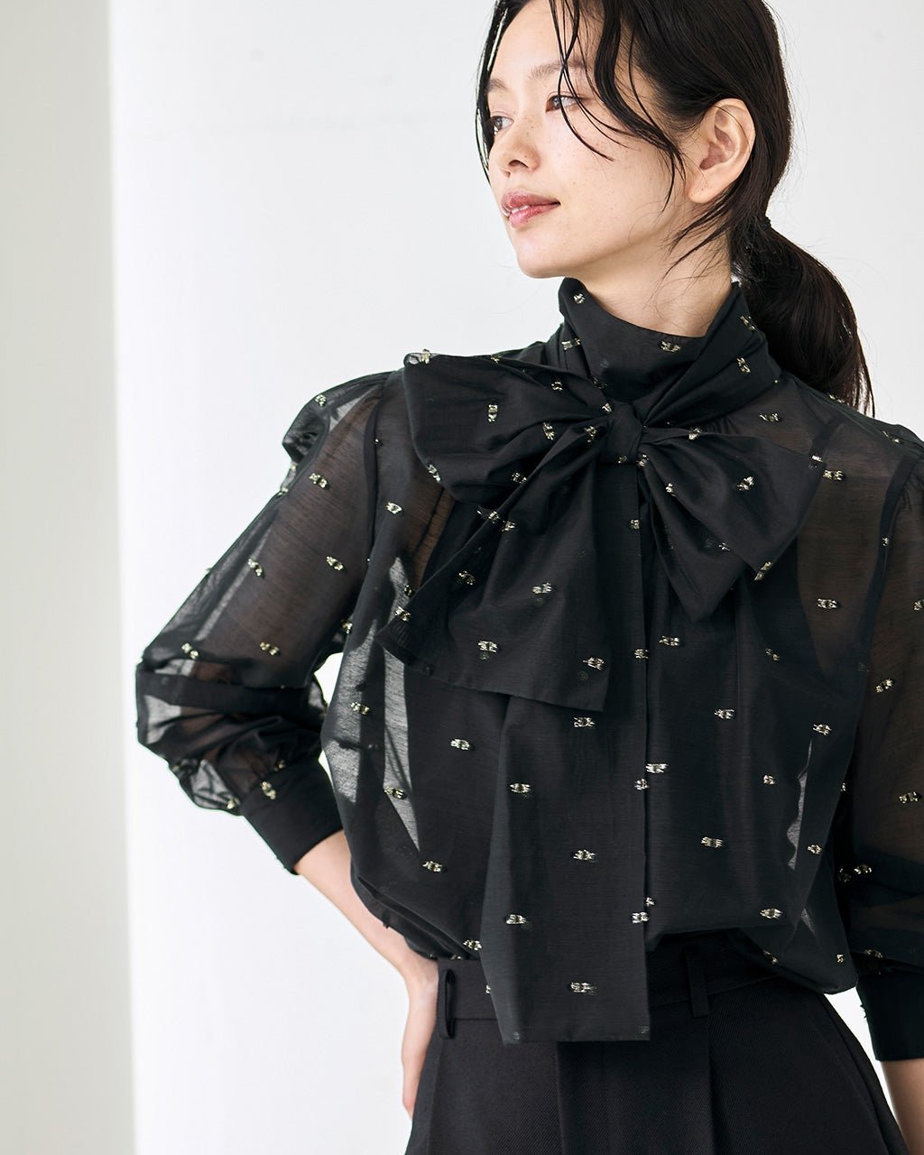 【ドゥクラッセ/DoCLASSE】のシアージャカード・ボウタイブラウス インテリア・キッズ・メンズ・レディースファッション・服の通販 founy(ファニー) 　ファッション　Fashion　レディースファッション　WOMEN　トップス・カットソー　Tops/Tshirt　シャツ/ブラウス　Shirts/Blouses　エレガント 上品　Elegant　シアー　Sheer　シフォン　Chiffon　ジャカード　Jacquard　スカーフ　Scarf　ブラック|ID: prp329100004527121 ipo3291000000032015297