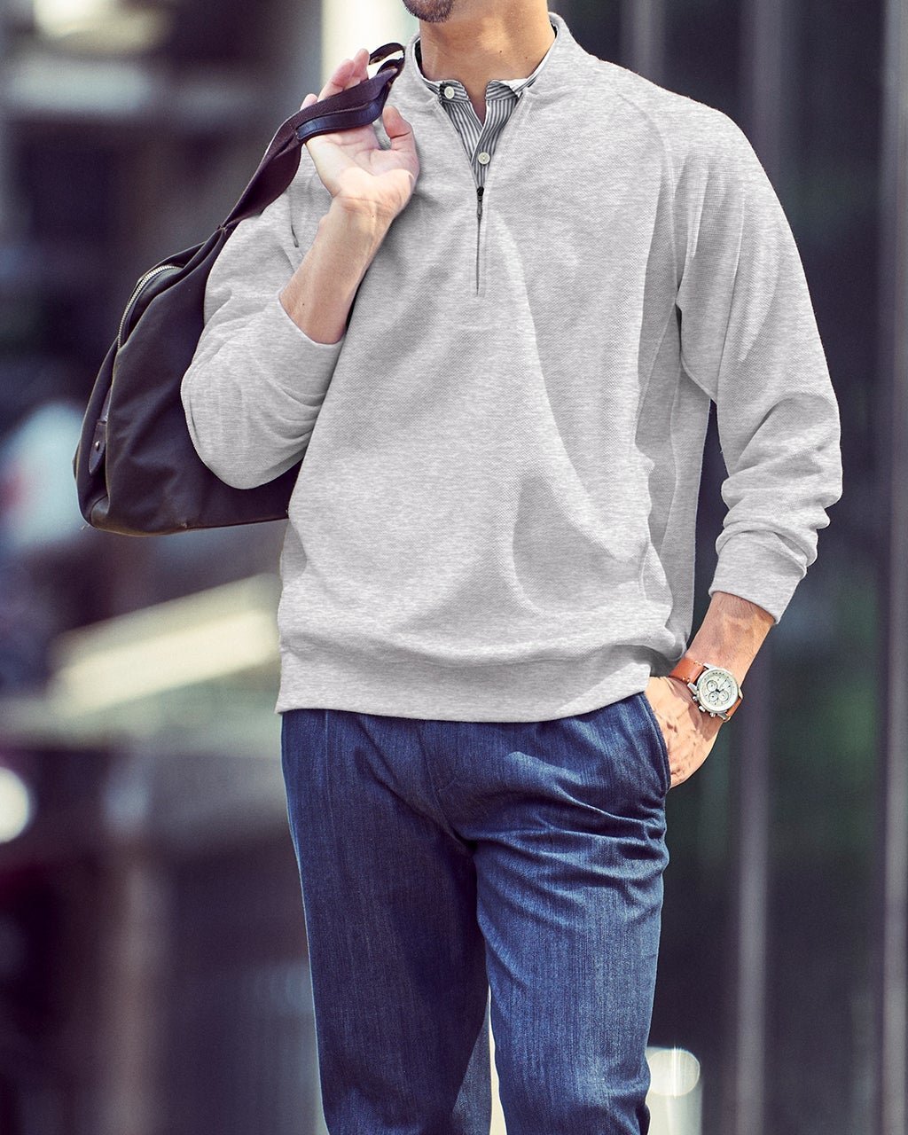 【ドゥクラッセ/DoCLASSE / MEN】の重ね着シャツ風ハーフジップ インテリア・キッズ・メンズ・レディースファッション・服の通販 founy(ファニー) 　ファッション　Fashion　メンズファッション　Fashion for Men　トップス・カットソー　Cut & Sew Tops　メンズシャツ　Shirts　ポロシャツ / きれいめカジュアルスタイル　Polo Shirts　新作・新入荷　New Arrivals / New In　ストライプ　Stripe, Striped Pattern　スリーブ　Sleeve, Long Sleeve / Short Sleeve　ポケット　Pocket, Pocket Detail　メンズ　Men's, Menswear　ロンドン　London Style, British Inspired　鹿の子　Piqué, Kanoko Fabric　杢グレー|ID: prp329100004638392 ipo3291000000033430819