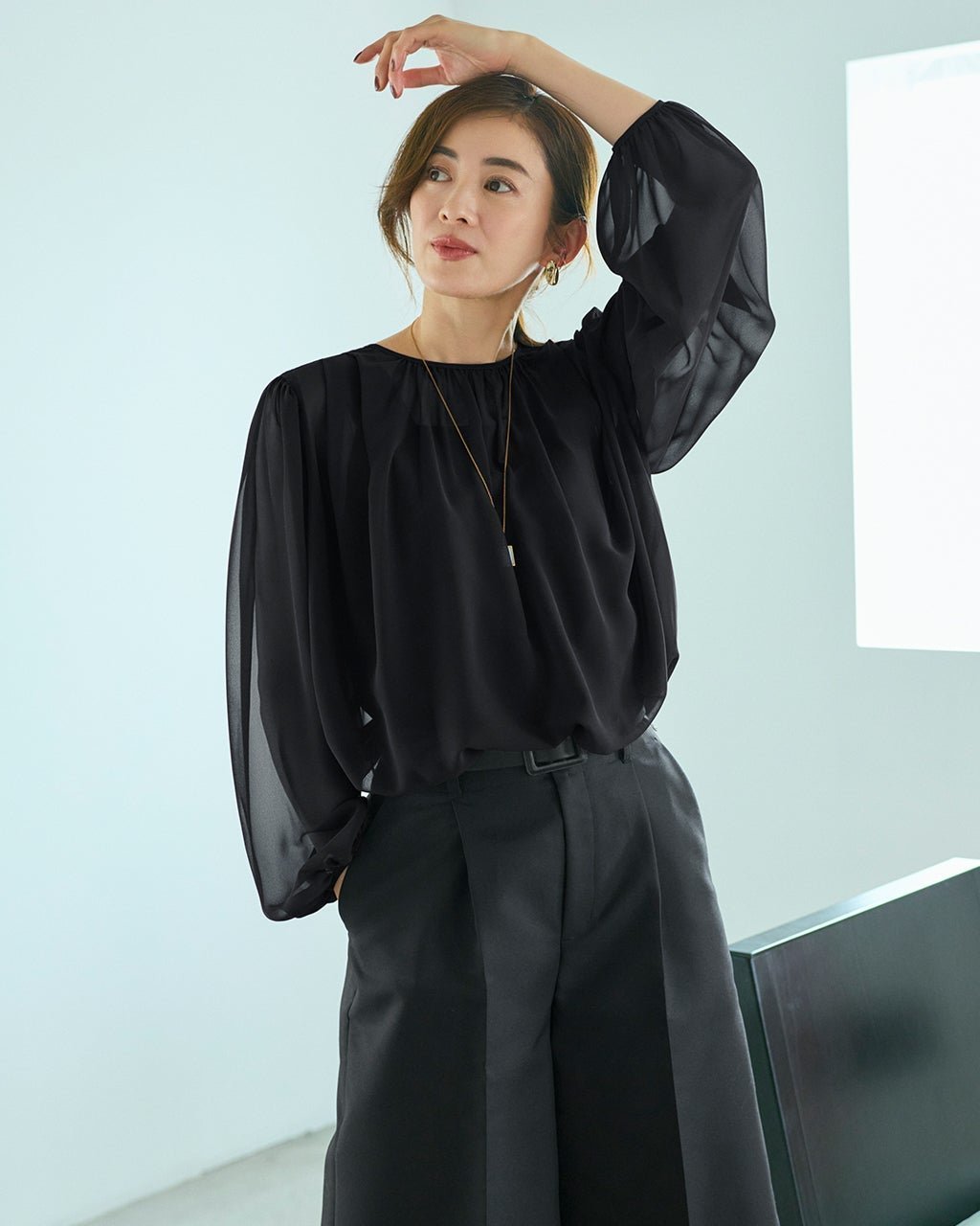 【ドゥクラッセ/DoCLASSE】のシアージョーゼット・ギャザーブラウス インテリア・キッズ・メンズ・レディースファッション・服の通販 founy(ファニー) 　ファッション　Fashion　レディースファッション　Fashion for Women　トップス・カットソー　Cut & Sew Tops　シャツ・ブラウス・オフィスカジュアル　Elegant Blouses & Button-Ups　新作・新入荷　New Arrivals / New In　おすすめ　Recommended / Our Picks　ギャザー　Gathered, Ruffled　スリーブ　Sleeve, Long Sleeve / Short Sleeve　トレンド　Trend, Trending Now　ベスト　Vest, Waistcoat　今季　This Season, Current Season　A/W・秋冬　Autumn/Winter　ブラック|ID: prp329100004638437 ipo3291000000033431125