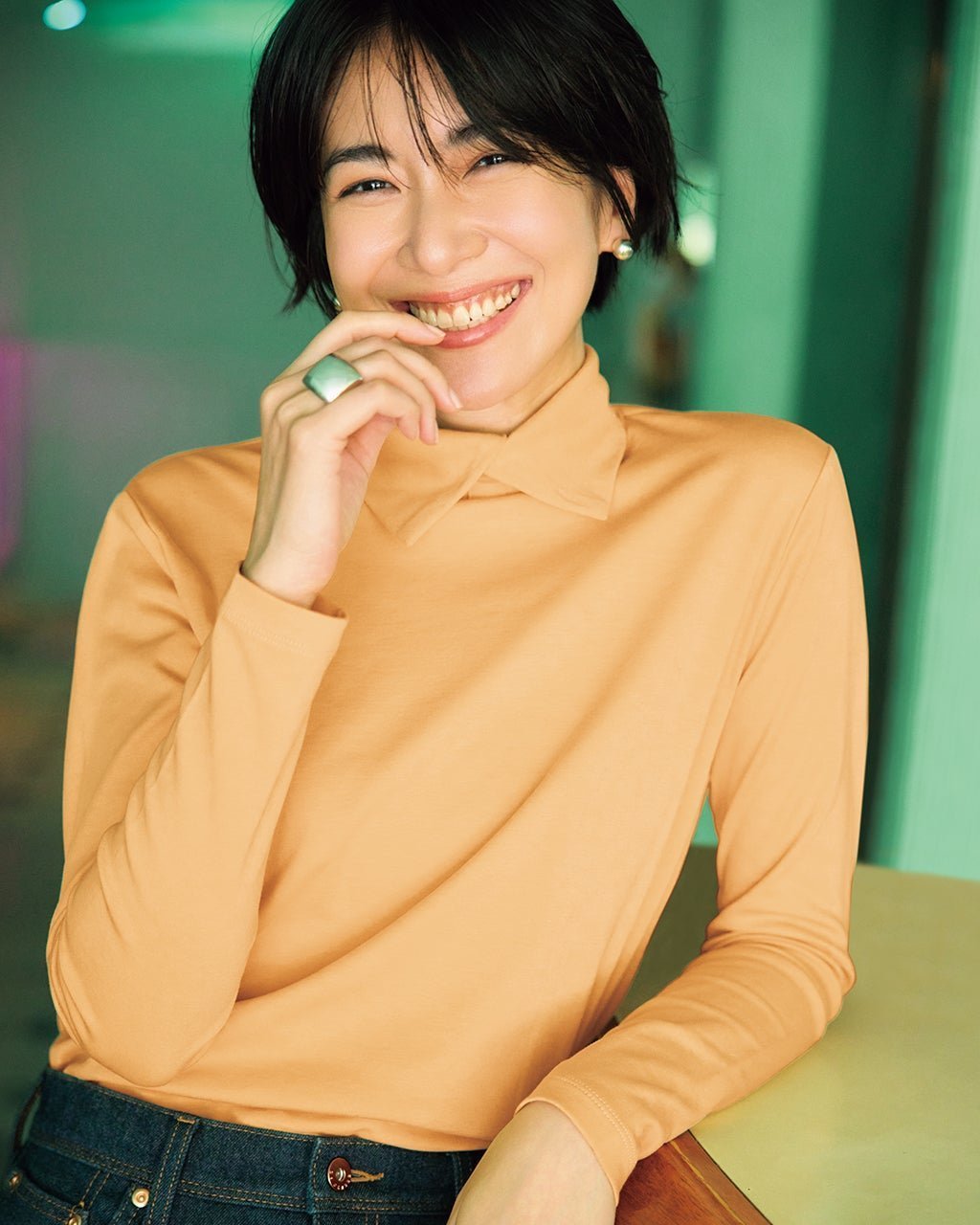 【ドゥクラッセ/DoCLASSE】の超長綿・衿付きハイネックカットソー インテリア・キッズ・メンズ・レディースファッション・服の通販 founy(ファニー) 　ファッション　Fashion　レディースファッション　Fashion for Women　トップス・カットソー　Cut & Sew Tops　シャツ・ブラウス・オフィスカジュアル　Elegant Blouses & Button-Ups　ロングTシャツ・Tシャツ　Longline T-Shirts & Tees　カットソー・ベーシックTシャツ　Cut-and-Sewn Tops / Stretch Tees & Basics　カットソー　Cut and Sewn Top　チェック　Check, Plaid, Tartan　フロント　Front, Front Design　アプリコット|ID: prp329100004665742 ipo3291000000033856414