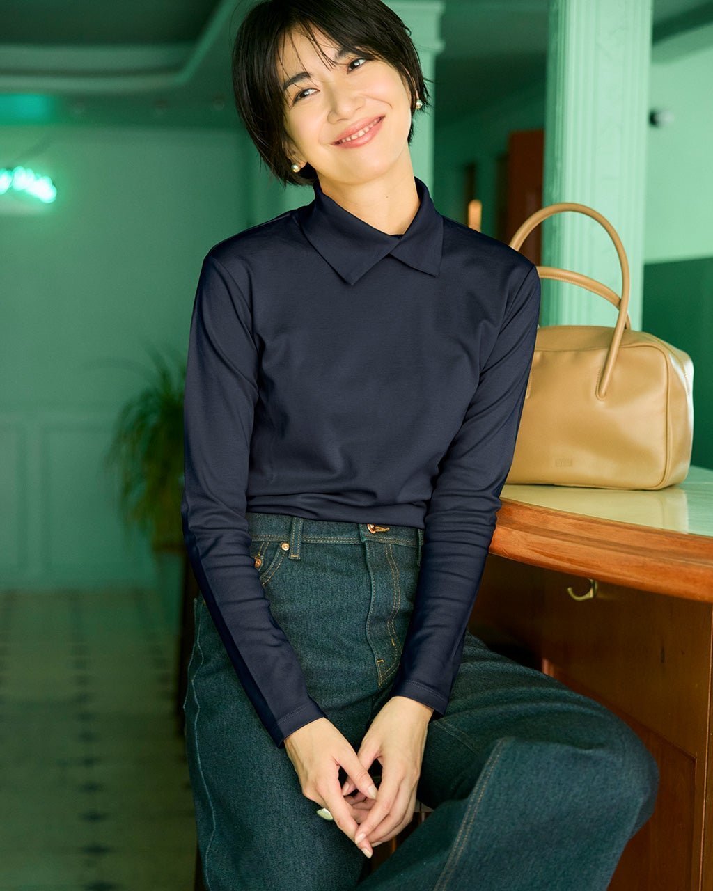 【ドゥクラッセ/DoCLASSE】の超長綿・衿付きハイネックカットソー インテリア・キッズ・メンズ・レディースファッション・服の通販 founy(ファニー) 　ファッション　Fashion　レディースファッション　Fashion for Women　トップス・カットソー　Cut & Sew Tops　シャツ・ブラウス・オフィスカジュアル　Elegant Blouses & Button-Ups　ロングTシャツ・Tシャツ　Longline T-Shirts & Tees　カットソー・ベーシックTシャツ　Cut-and-Sewn Tops / Stretch Tees & Basics　カットソー　Cut and Sewn Top　チェック　Check, Plaid, Tartan　フロント　Front, Front Design　ミッドナイトブルー|ID: prp329100004665742 ipo3291000000033856418