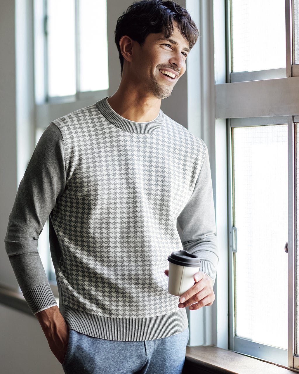 【ドゥクラッセ/DoCLASSE / MEN】のDoサーモテックスシルク混レイヤード柄クルー インテリア・キッズ・メンズ・レディースファッション・服の通販 founy(ファニー) 　ファッション　Fashion　メンズファッション　Fashion for Men　なめらか　Smooth, Silky Texture　シルク　Silk, 100% Silk　セーター　Sweater, Knitwear　メンズ　Men's, Menswear　冬　Winter / This Winter　グレー千鳥|ID: prp329100004665750 ipo3291000000033747920