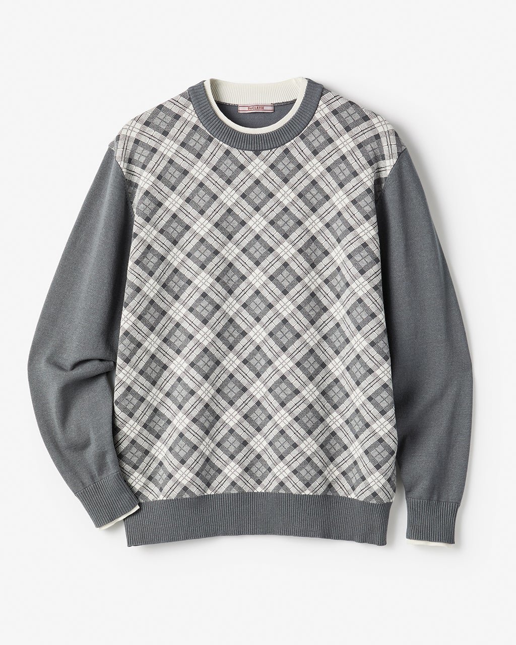【ドゥクラッセ/DoCLASSE / MEN】のDoサーモテックスシルク混レイヤード柄クルー インテリア・キッズ・メンズ・レディースファッション・服の通販 founy(ファニー) 　ファッション　Fashion　メンズファッション　Fashion for Men　なめらか　Smooth, Silky Texture　シルク　Silk, 100% Silk　セーター　Sweater, Knitwear　メンズ　Men's, Menswear　冬　Winter / This Winter　チャコールチェック|ID: prp329100004665750 ipo3291000000033747921
