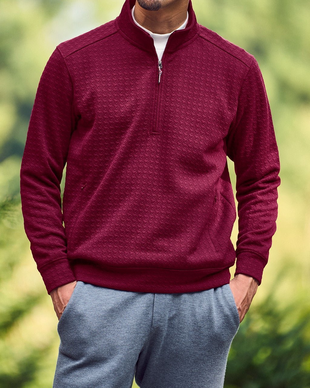 【ドゥクラッセ/DoCLASSE / MEN】のジャガード千鳥柄ハーフジップ インテリア・キッズ・メンズ・レディースファッション・服の通販 founy(ファニー) 　ファッション　Fashion　メンズファッション　Fashion for Men　新作・新入荷　New Arrivals / New In　ショルダー　Shoulder, Shoulder Strap　ストレッチ　Stretch, Stretchy Fabric　ドロップ　Drop Shoulder, Dropped Style　パーカー　Hoodie, Parka　ブルゾン　Blouson, Bomber Jacket　メンズ　Men's, Menswear　バーガンディー|ID: prp329100004717089 ipo3291000000034081424