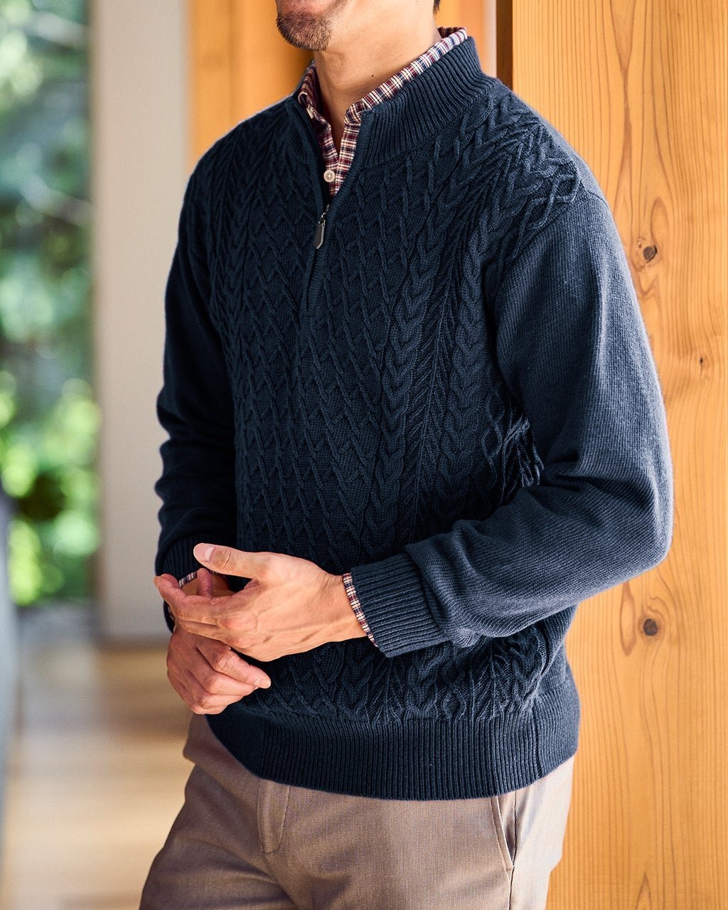 【ドゥクラッセ/DoCLASSE / MEN】のウールブレンド・柄編みハーフジップ インテリア・キッズ・メンズ・レディースファッション・服の通販 founy(ファニー) 　ファッション　Fashion　メンズファッション　Fashion for Men　新作・新入荷　New Arrivals / New In　イエロー　Yellow　インディゴ　Indigo Denim　インナー　Innerwear　セーター　Sweater, Knitwear　パターン　Pattern, Design Print　フィット　Fit, Slim Fit　ボーダー　Border, Stripe　メンズ　Men's, Menswear　人気　Popular, Best Seller　ネイビー|ID: prp329100004717108 ipo3291000000034081560