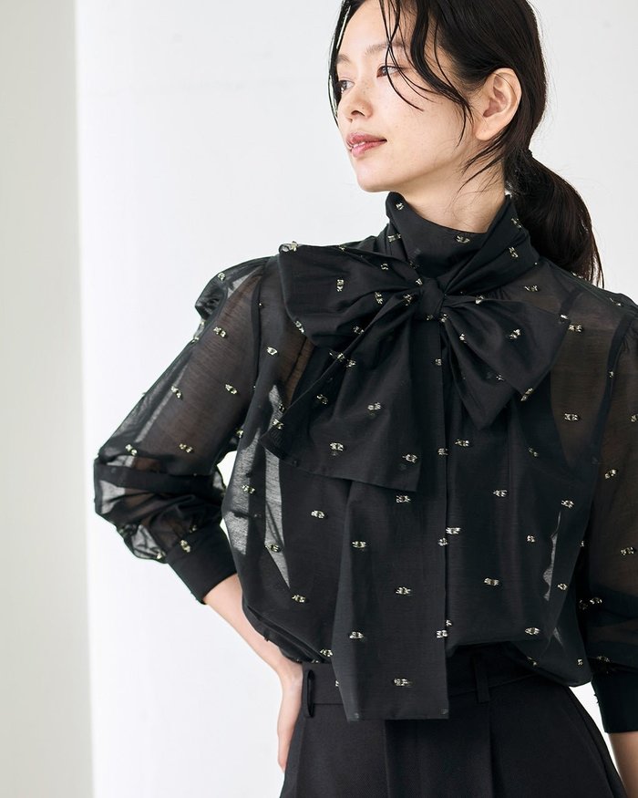 【ドゥクラッセ/DoCLASSE】のシアージャカード・ボウタイブラウス インテリア・キッズ・メンズ・レディースファッション・服の通販 founy(ファニー) https://founy.com/ ファッション Fashion レディースファッション Fashion for Women トップス・カットソー Cut & Sew Tops シャツ・ブラウス・オフィスカジュアル Elegant Blouses & Button-Ups エレガント 上品 Elegant シアー Sheer, See-Through シフォン Chiffon, Lightweight Fabric ジャカード／ジャガード Jacquard, Woven Pattern スカーフ Scarf, Neckwear |ID: prp329100004776852 ipo3291000000034725400