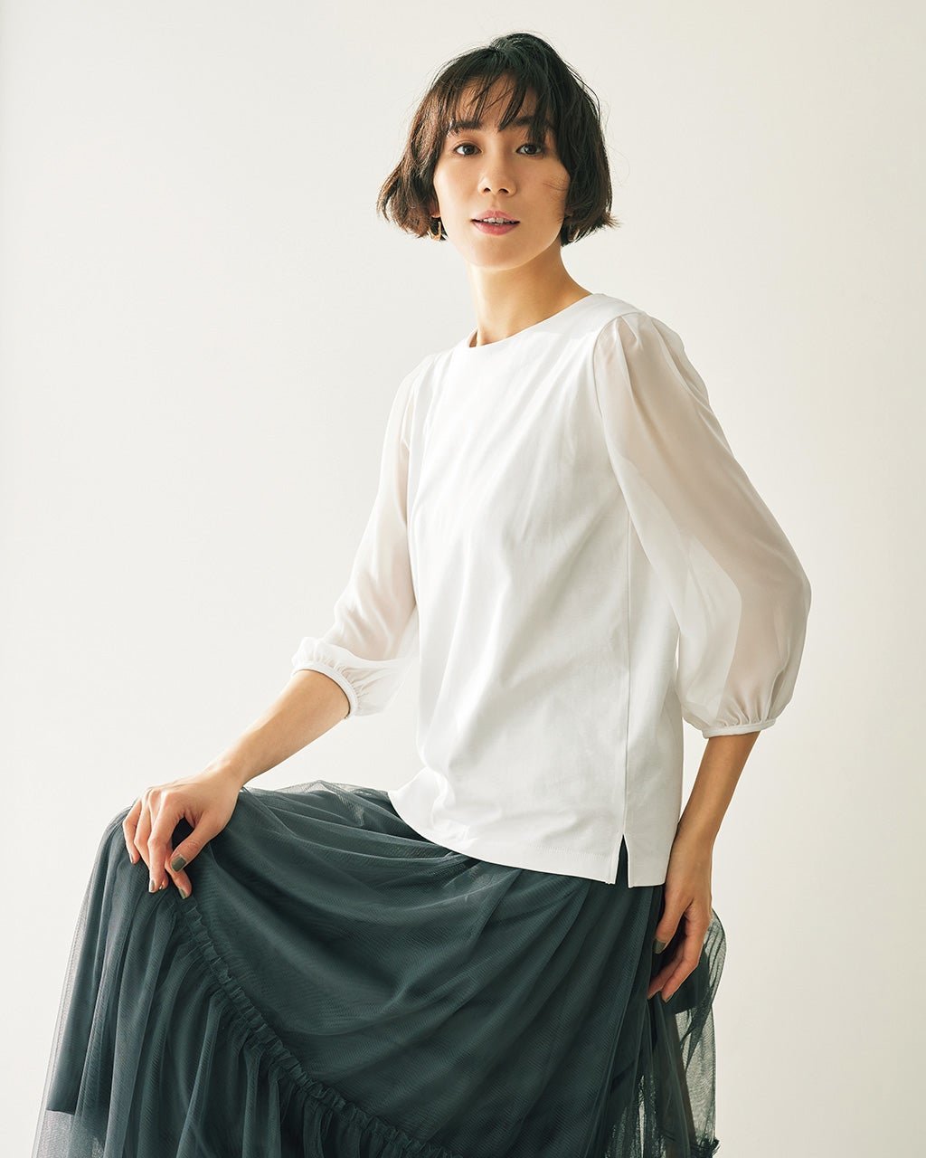 【ドゥクラッセ/DoCLASSE】のシフォンスリーブ・超長綿プルオーバー 人気、トレンドファッション・服の通販 founy(ファニー) 　ファッション　Fashion　レディースファッション　Fashion for Women　トップス・カットソー　Cut & Sew Tops　シャツ・ブラウス・オフィスカジュアル　Elegant Blouses & Button-Ups　ロングTシャツ・Tシャツ　Longline T-Shirts & Tees　カジュアルプルオーバー・ニットトップス　Pullovers & Knit Tops / Casual Pullovers　カットソー・ベーシックTシャツ　Cut-and-Sewn Tops / Stretch Tees & Basics　カットソー　Cut and Sewn Top　シフォン　Chiffon, Lightweight Fabric　スリーブ　Sleeve, Long Sleeve / Short Sleeve　プレミアム　Premium, High-End　 other-1|ID: prp329100004819144 ipo3291000000035014116