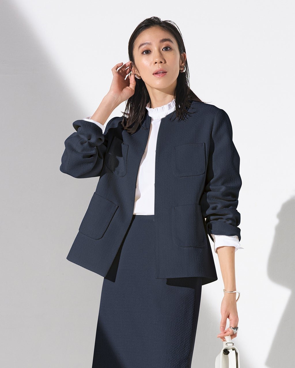 【ドゥクラッセ/DoCLASSE】のツイード・ノーカラージャケット インテリア・キッズ・メンズ・レディースファッション・服の通販 founy(ファニー) 　ファッション　Fashion　レディースファッション　Fashion for Women　アウター　Coat / Outerwear Collection　レディースジャケット・軽アウター　Jackets　ノーカラージャケット / シンプル上品コーデ　Collarless Jackets　エレガント 上品　Elegant　ジャケット　Jacket, Outerwear　ツイード　Twill, Twill Weave　デニム　Denim, Jeans Material　パターン　Pattern, Design Print　ポケット　Pocket, Pocket Detail　モダン　Modern, Contemporary　新作・新入荷　New Arrivals / New In　セレモニー　Ceremony　ビジネス 仕事 通勤　Business / Work / Commuting　ミッドナイトブルー|ID: prp329100004834706 ipo3291000000035213717