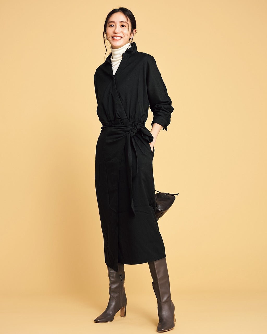 【ドゥクラッセ/DoCLASSE】のサキソニー・カシュクールワンピース インテリア・キッズ・メンズ・レディースファッション・服の通販 founy(ファニー) 　ファッション　Fashion　レディースファッション　Fashion for Women　ワンピース　Dresses　とろみ　Fluid, Flowy Fabric　ボトム　Bottoms, Lower Wear　ブラック|ID: prp329100004837053 ipo3291000000035249921