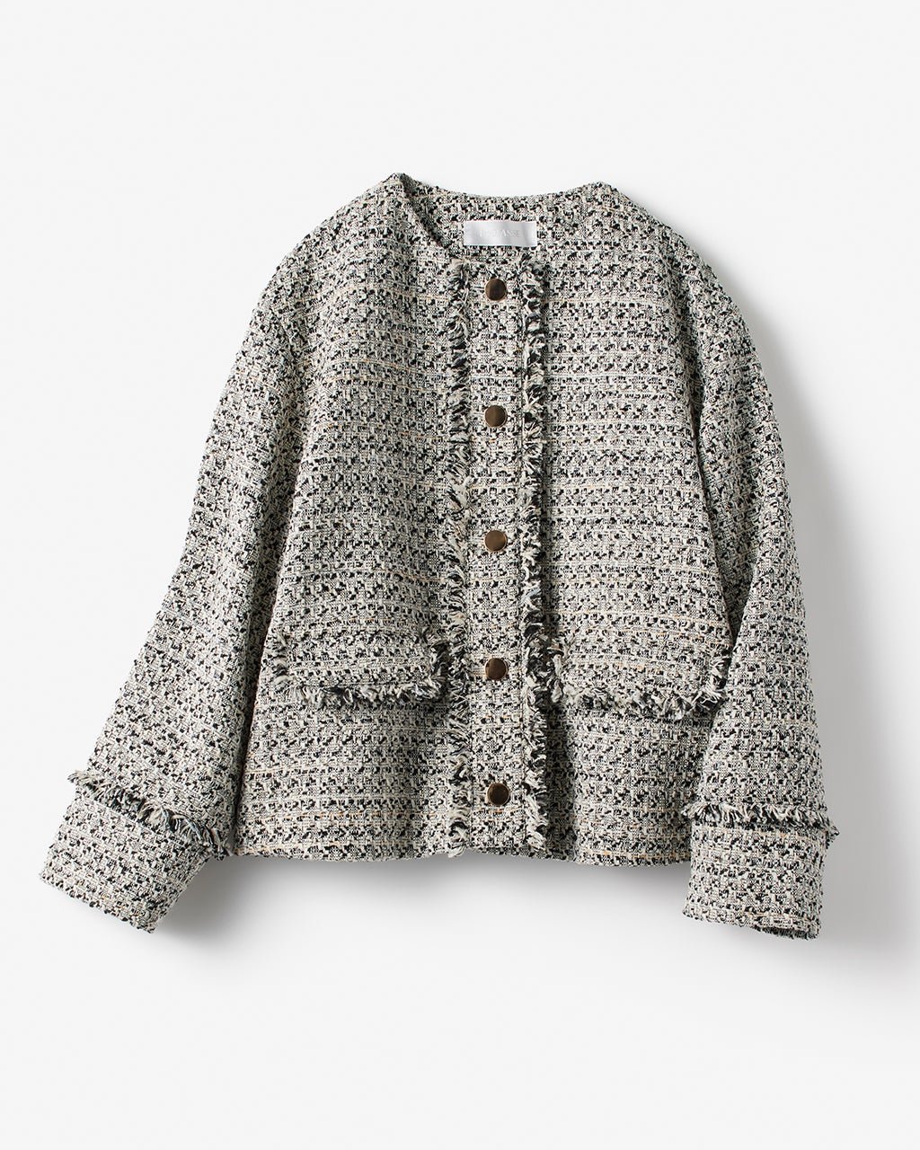 【ドゥクラッセ/DoCLASSE】のフリンジツイード・ノーカラージャケット インテリア・キッズ・メンズ・レディースファッション・服の通販 founy(ファニー) 　ファッション　Fashion　レディースファッション　Fashion for Women　アウター　Coat / Outerwear Collection　レディースジャケット・軽アウター　Jackets　ノーカラージャケット / シンプル上品コーデ　Collarless Jackets　新作・新入荷　New Arrivals / New In　ジャケット　Jacket, Outerwear　ツイード　Twill, Twill Weave　デニム　Denim, Jeans Material　フリンジ　Fringe, Tassel　ミックス　Mix, Mixed Style　モノトーン　Monotone, Black and White　リラックス　Relax, Relaxed Fit　ワイド　Wide, Wide Fit　ブラックパターン|ID: prp329100004837976 ipo3291000000035249897