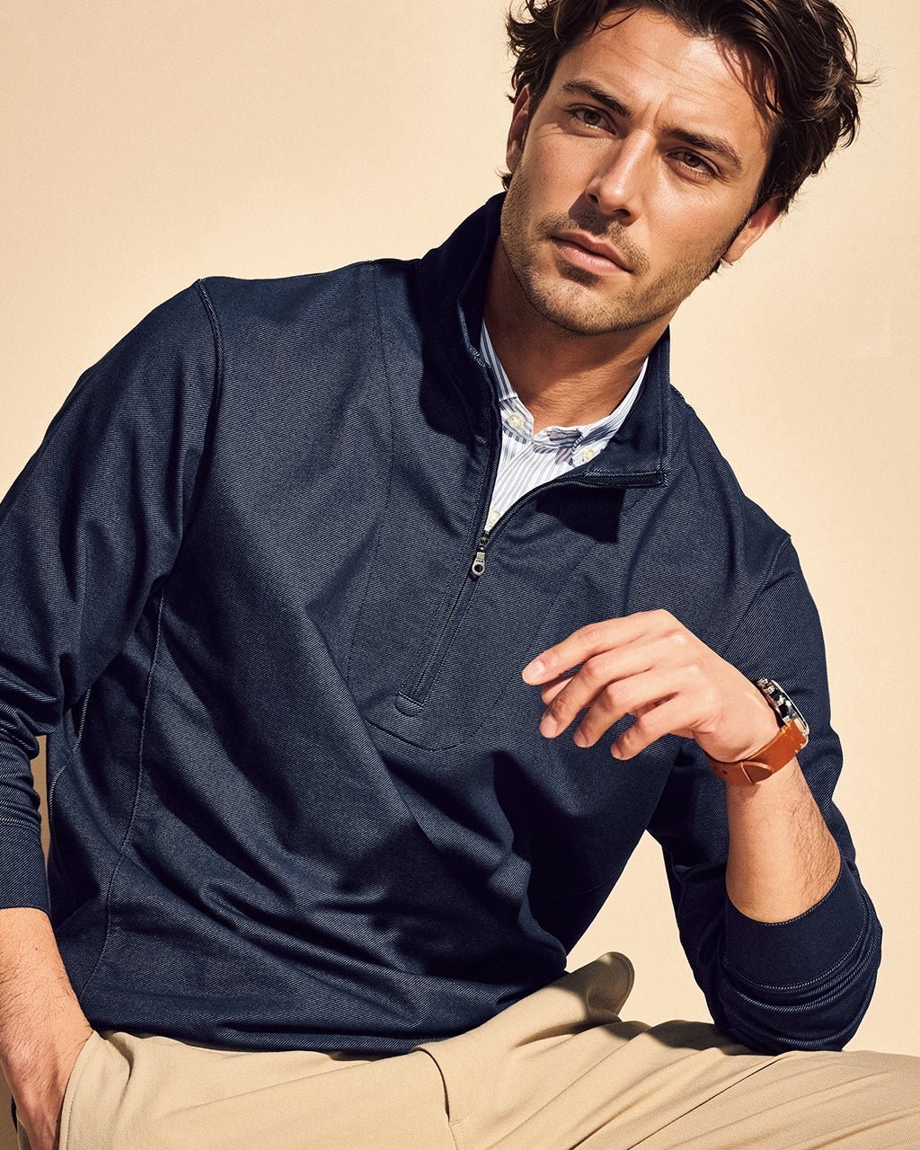 【ドゥクラッセ/DoCLASSE / MEN】の重ね着風・高伸縮ジャージハーフジップ インテリア・キッズ・メンズ・レディースファッション・服の通販 founy(ファニー) 　ファッション　Fashion　メンズファッション　Fashion for Men　トップス・カットソー　Cut & Sew Tops　メンズシャツ　Shirts　ポロシャツ / きれいめカジュアルスタイル　Polo Shirts　新作・新入荷　New Arrivals / New In　ストライプ　Stripe, Striped Pattern　ストレッチ　Stretch, Stretchy Fabric　フィット　Fit, Slim Fit　メンズ　Men's, Menswear　軽量　Lightweight, Ultra Light　インディゴ|ID: prp329100004839727 ipo3291000000035268521