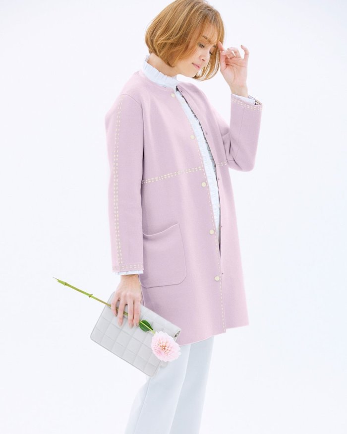 【ドゥクラッセ/DoCLASSE】のダブルジャカード編み・ノーカラーコート インテリア・キッズ・メンズ・レディースファッション・服の通販 founy(ファニー) https://founy.com/ ファッション Fashion レディースファッション Fashion for Women エレガント 上品 Elegant カーディガン Cardigan, Knitwear クール Cool, Chic ジャカード／ジャガード Jacquard, Woven Pattern ダブル Double, Double-Breasted ドット Polka Dot, Dot Pattern パッチ Patch, Appliqué フロント Front, Front Design ポケット Pocket, Pocket Detail 春 Spring |ID: prp329100004859205 ipo3291000000035933410