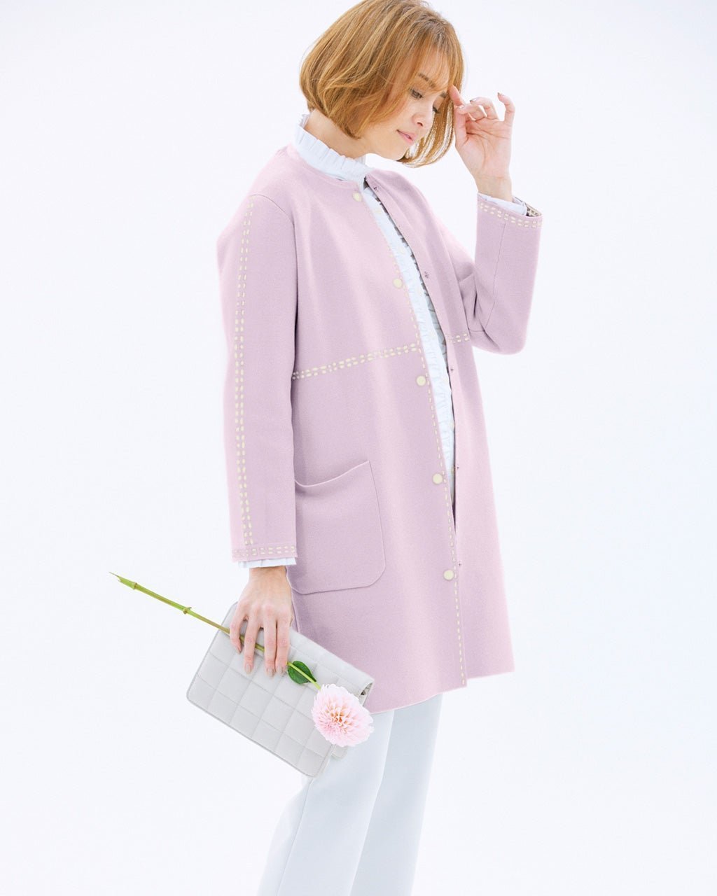 【ドゥクラッセ/DoCLASSE】のダブルジャカード編み・ノーカラーコート インテリア・キッズ・メンズ・レディースファッション・服の通販 founy(ファニー) 　ファッション　Fashion　レディースファッション　Fashion for Women　エレガント 上品　Elegant　カーディガン　Cardigan, Knitwear　クール　Cool, Chic　ジャカード／ジャガード　Jacquard, Woven Pattern　ダブル　Double, Double-Breasted　ドット　Polka Dot, Dot Pattern　パッチ　Patch, Appliqué　フロント　Front, Front Design　ポケット　Pocket, Pocket Detail　春　Spring　ラベンダー|ID: prp329100004859205 ipo3291000000035933412