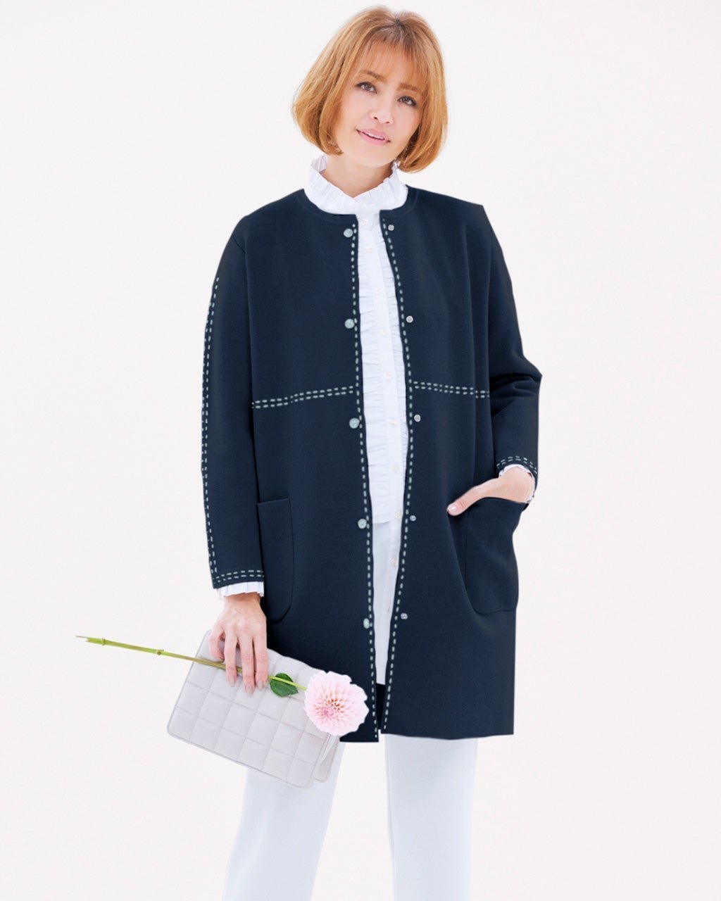 【ドゥクラッセ/DoCLASSE】のダブルジャカード編み・ノーカラーコート インテリア・キッズ・メンズ・レディースファッション・服の通販 founy(ファニー) 　ファッション　Fashion　レディースファッション　Fashion for Women　エレガント 上品　Elegant　カーディガン　Cardigan, Knitwear　クール　Cool, Chic　ジャカード／ジャガード　Jacquard, Woven Pattern　ダブル　Double, Double-Breasted　ドット　Polka Dot, Dot Pattern　パッチ　Patch, Appliqué　フロント　Front, Front Design　ポケット　Pocket, Pocket Detail　春　Spring　ミッドナイトブルー|ID: prp329100004859205 ipo3291000000035933420