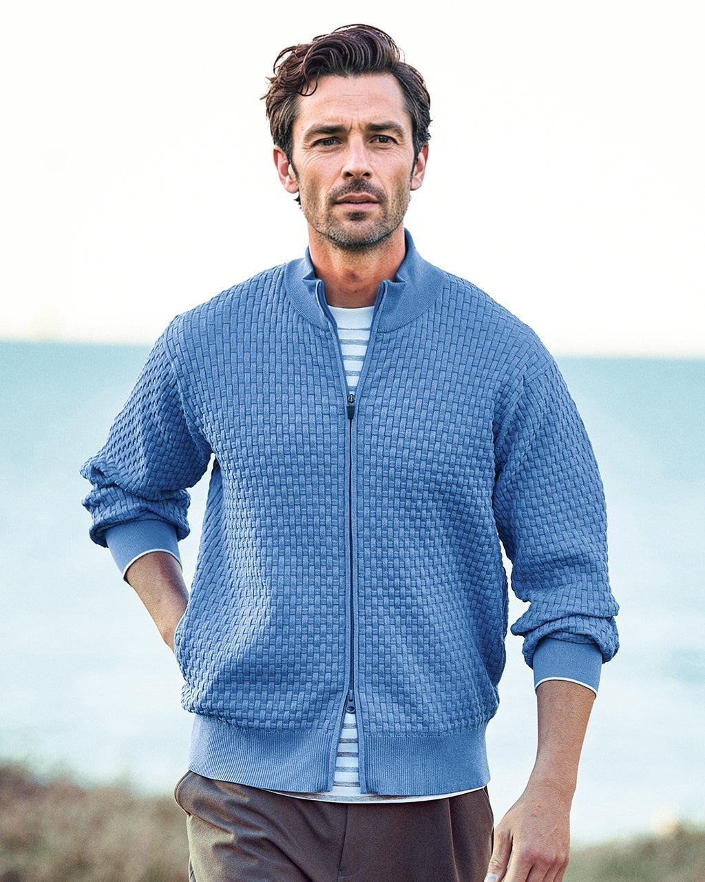 【ドゥクラッセ/DoCLASSE / MEN】の立体バスケット編みフルジップジャケット インテリア・キッズ・メンズ・レディースファッション・服の通販 founy(ファニー) 　ファッション　Fashion　メンズファッション　Fashion for Men　新作・新入荷　New Arrivals / New In　カーディガン　Cardigan, Knitwear　ゴルフ　Golf　ストレッチ　Stretch, Stretchy Fabric　バスケット　Basket, Basket Bag　ボーダー　Border, Stripe　メンズ　Men's, Menswear　杢サックス|ID: prp329100004863531 ipo3291000000036158507