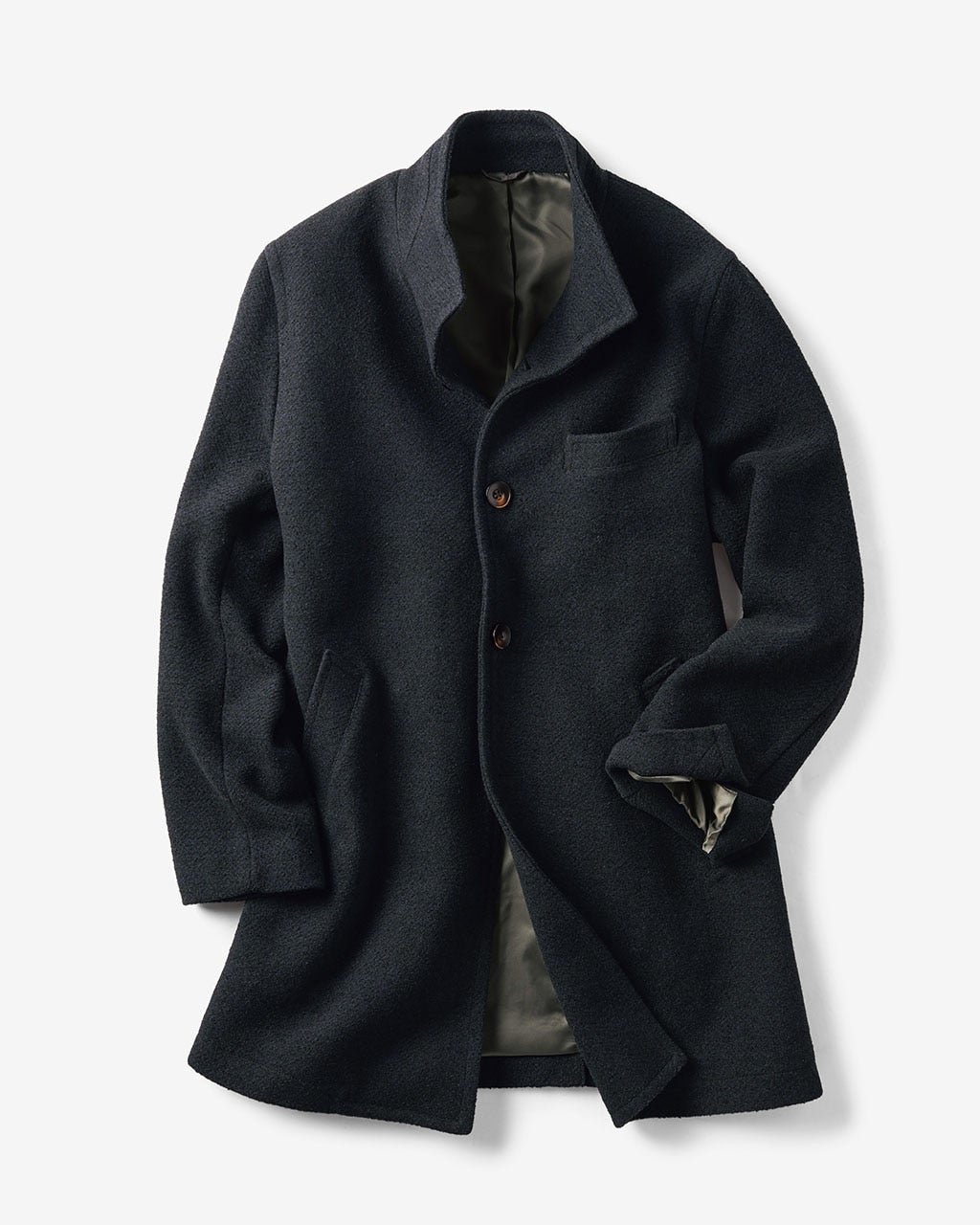 【ドゥクラッセ/DoCLASSE / MEN】のウールブレンド・スタンドカラーコート インテリア・キッズ・メンズ・レディースファッション・服の通販 founy(ファニー) 　ファッション　Fashion　メンズファッション　Fashion for Men　スタンド　Stand Collar, Upright Stand　スーツ　Suit, Formalwear　チェック　Check, Plaid, Tartan　ビジネス 仕事 通勤　Business / Work / Commuting　ベーシック　Basic, Essential　メンズ　Men's, Menswear　ラグジュアリー　Luxury, Elegant　無地　Plain, Solid Color　ネイビー|ID: prp329100004868314 ipo3291000000036273871