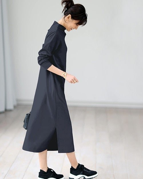 【ドゥクラッセ/DoCLASSE】の接結ストレッチ・スリットワンピース インテリア・キッズ・メンズ・レディースファッション・服の通販 founy(ファニー) 　ファッション　Fashion　レディースファッション　Fashion for Women　ワンピース　Dresses　なめらか　Smooth, Silky Texture　シンプル　Simple, Minimal　ストレッチ　Stretch, Stretchy Fabric　ストレート　Straight, Straight Cut　スリット　Slit, Slit Detail　チュニック　Tunic, Long Top　エレガント 上品　Elegant　ミッドナイトブルー|ID: prp329100004869472 ipo3291000000036290665