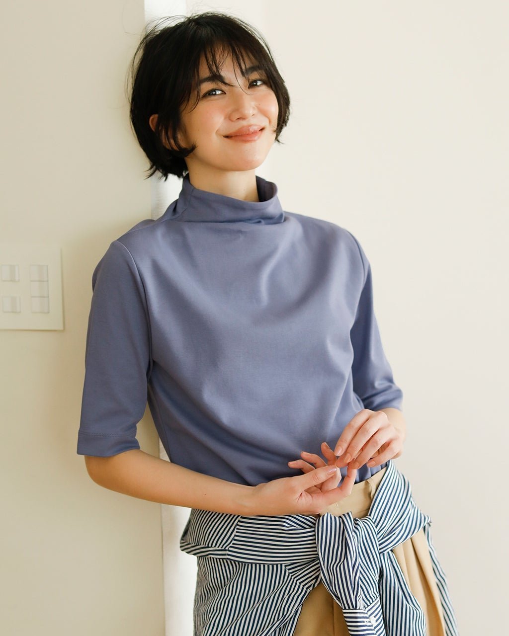 【ドゥクラッセ/DoCLASSE】のファネルネック/5分袖・ドゥクラッセTシャツ 人気、トレンドファッション・服の通販 founy(ファニー) 　ファッション　Fashion　レディースファッション　Fashion for Women　トップス・カットソー　Cut & Sew Tops　シャツ・ブラウス・オフィスカジュアル　Elegant Blouses & Button-Ups　ロングTシャツ・Tシャツ　Longline T-Shirts & Tees　カットソー・ベーシックTシャツ　Cut-and-Sewn Tops / Stretch Tees & Basics　カットソー　Cut and Sewn Top　ショルダー　Shoulder, Shoulder Strap　ジャケット　Jacket, Outerwear　ダブル　Double, Double-Breasted　定番　Standard, Basic Item　なめらか　Smooth, Silky Texture　ハイネック　High Neck, Mock Neck　フロント　Front, Front Design　ベーシック　Basic, Essential　ラベンダー　Lavender　リラックス　Relax, Relaxed Fit　新作・新入荷　New Arrivals / New In　おすすめ　Recommended / Our Picks　エレガント 上品　Elegant　ビジネス 仕事 通勤　Business / Work / Commuting　 other-1|ID: prp329100004871404 ipo3291000000037057608