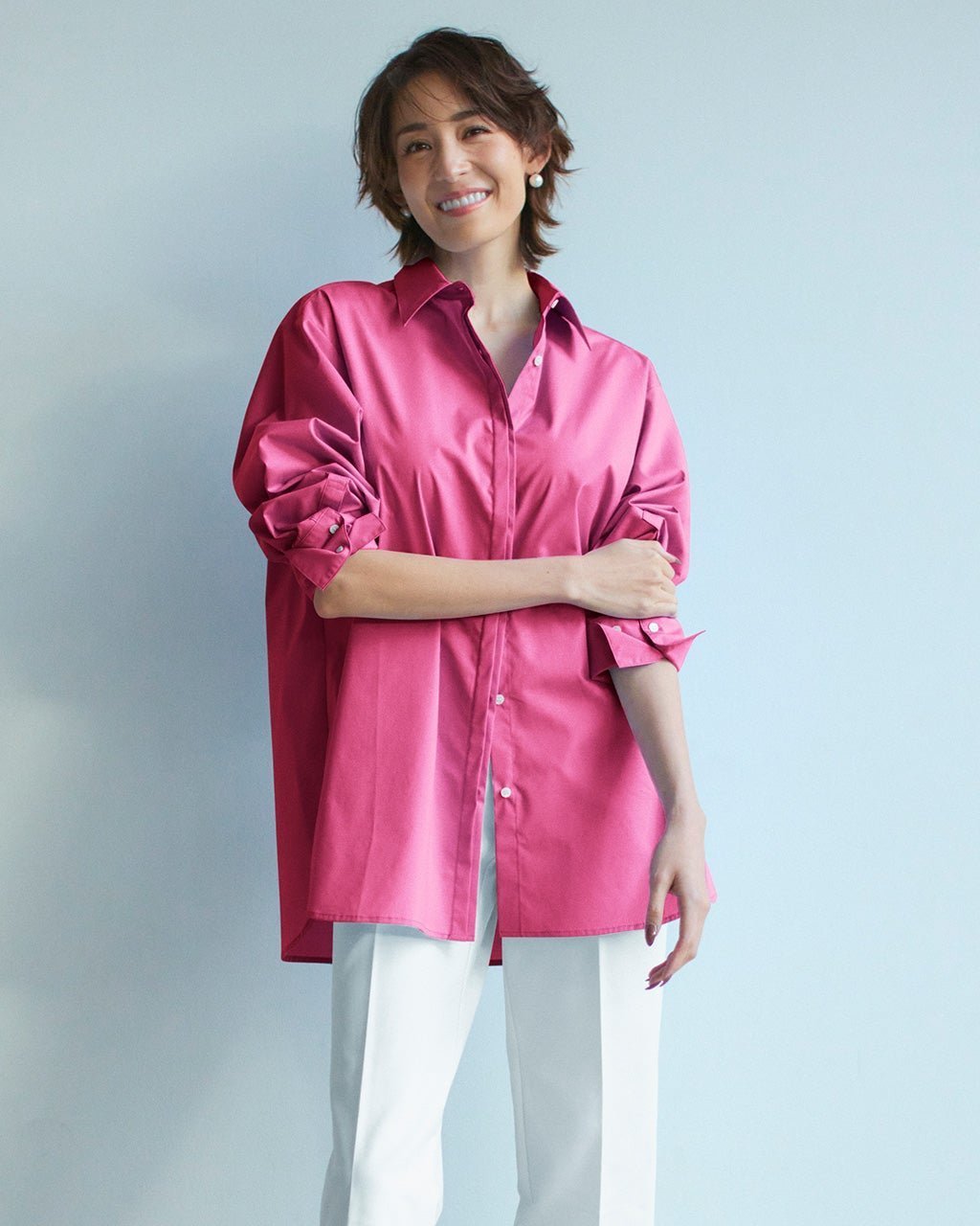 【ドゥクラッセ/DoCLASSE】のダブルフライフロント・コットン混シャツ インテリア・キッズ・メンズ・レディースファッション・服の通販 founy(ファニー) 　ファッション　Fashion　レディースファッション　Fashion for Women　トップス・カットソー　Cut & Sew Tops　シャツ・ブラウス・オフィスカジュアル　Elegant Blouses & Button-Ups　なめらか　Smooth, Silky Texture　シンプル　Simple, Minimal　スリーブ　Sleeve, Long Sleeve / Short Sleeve　ダブル　Double, Double-Breasted　トレンド　Trend, Trending Now　フォルム　Silhouette, Form　フロント　Front, Front Design　ボトム　Bottoms, Lower Wear　ポンチョ　Poncho, Cape Style　ワイド　Wide, Wide Fit　フューシャピンク|ID: prp329100004871467 ipo3291000000036316239