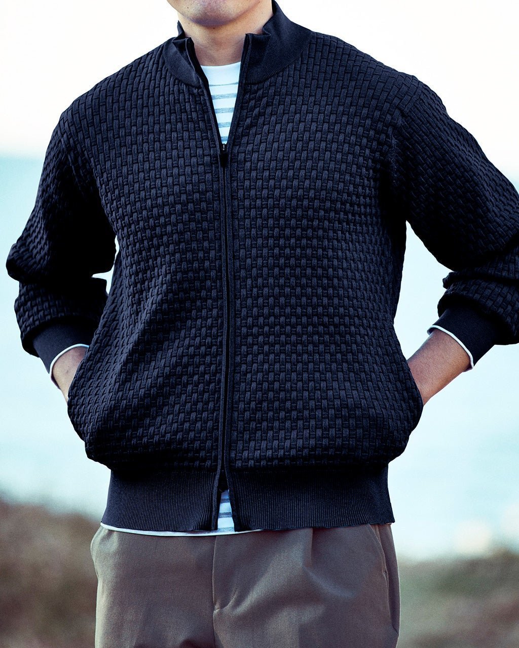 【ドゥクラッセ/DoCLASSE / MEN】の立体バスケット編みフルジップジャケット インテリア・キッズ・メンズ・レディースファッション・服の通販 founy(ファニー) 　ファッション　Fashion　メンズファッション　Fashion for Men　ゴルフ　Golf　ストレッチ　Stretch, Stretchy Fabric　バスケット　Basket, Basket Bag　パーカー　Hoodie, Parka　ブルゾン　Blouson, Bomber Jacket　ボーダー　Border, Stripe　メンズ　Men's, Menswear　エレガント 上品　Elegant　ネイビー|ID: prp329100004886579 ipo3291000000036484368