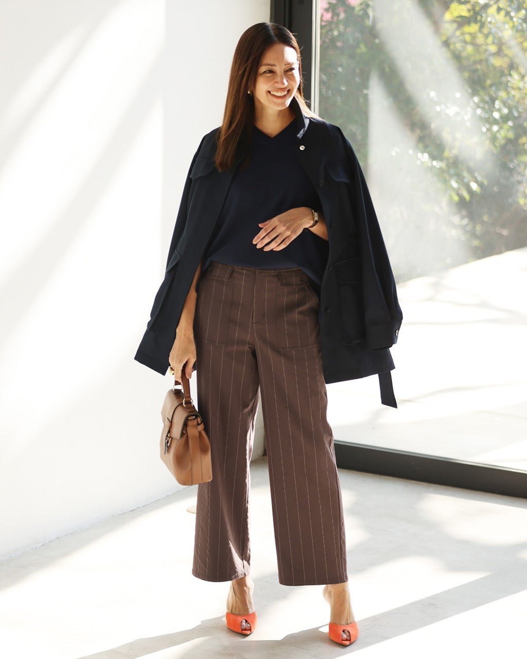 【ドゥクラッセ/DoCLASSE】のドライタッチ・ポケットベイカー/63cm インテリア・キッズ・メンズ・レディースファッション・服の通販 founy(ファニー) 　ファッション　Fashion　レディースファッション　Fashion for Women　パンツ　Pants & Trousers　ストレッチ　Stretch, Stretchy Fabric　フラップ　Flap, Flap Pocket　フロント　Front, Front Design　ポケット　Pocket, Pocket Detail　ワイド　Wide, Wide Fit　人気　Popular, Best Seller　ビジネス 仕事 通勤　Business / Work / Commuting　夏　Summer　春　Spring　S/S・春夏　SS, Spring/Summer, Warm Season　ブラウンストライプ|ID: prp329100004919788 ipo3291000000036910701