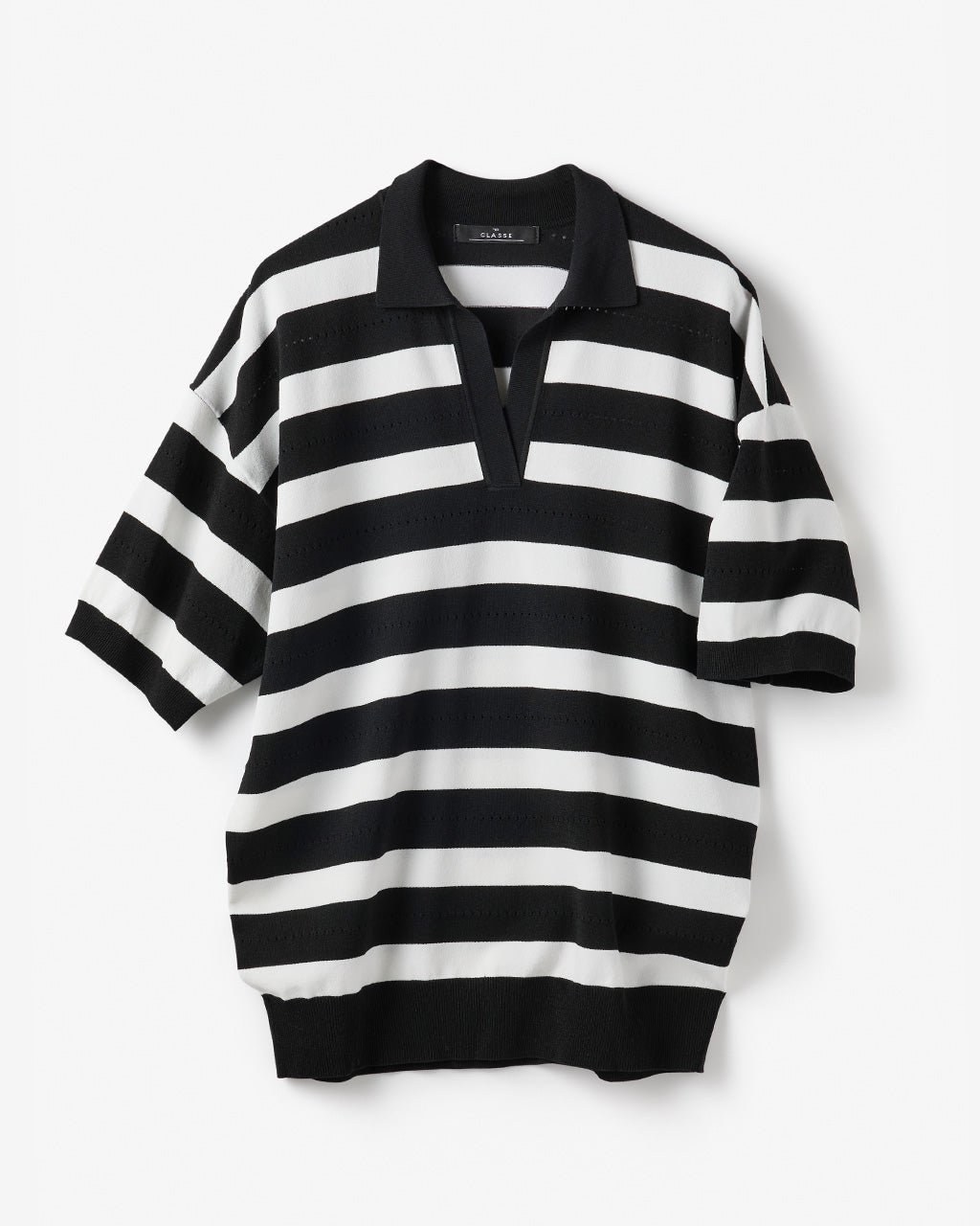 【ドゥクラッセ/DoCLASSE】のアイレットボーダー・ポロニット インテリア・キッズ・メンズ・レディースファッション・服の通販 founy(ファニー) 　ファッション　Fashion　レディースファッション　Fashion for Women　トップス・カットソー　Cut & Sew Tops　ニット　Knit Tops & Sweaters　新作・新入荷　New Arrivals / New In　アイレット　Eyelet Lace　セーター　Sweater, Knitwear　ボーダー　Border, Stripe　エレガント 上品　Elegant　人気　Popular, Best Seller　定番　Standard, Basic Item　ブラック&times;ホワイト|ID: prp329100004919817 ipo3291000000036910896