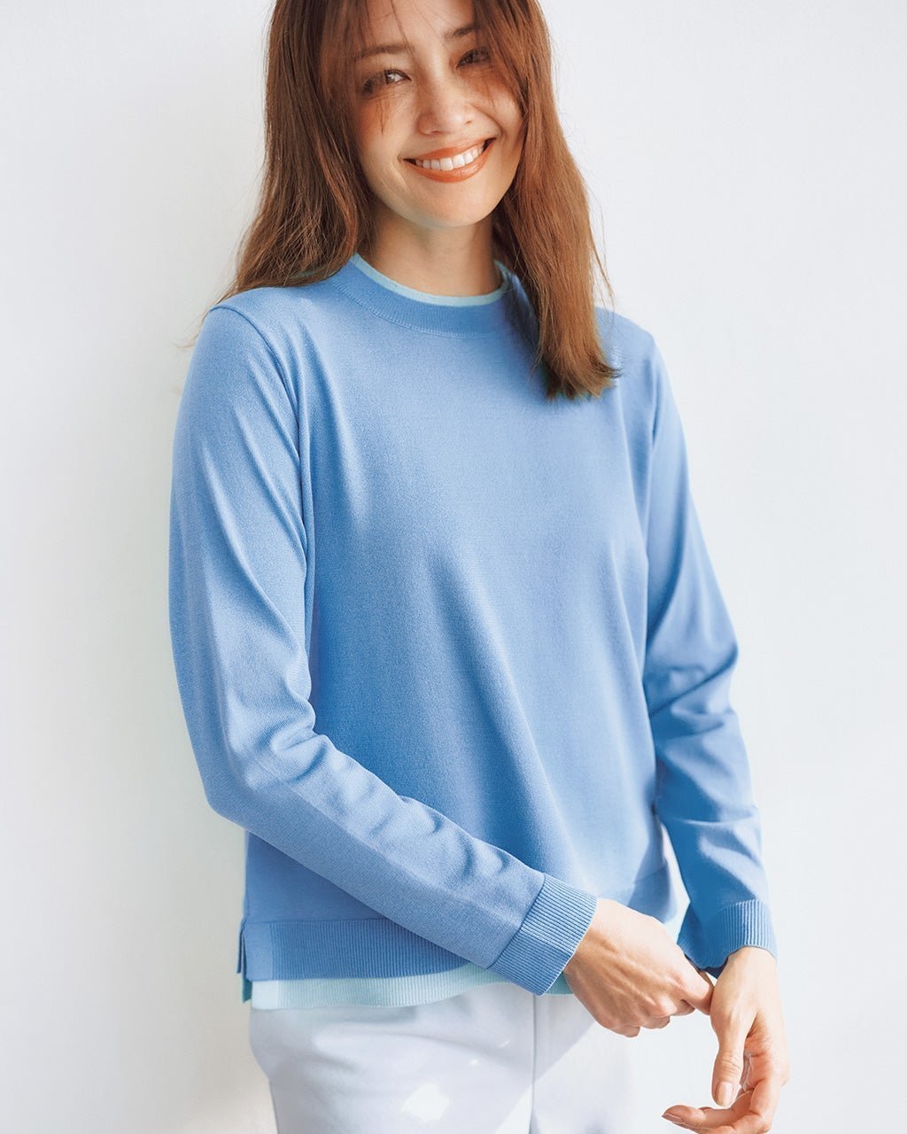 【ドゥクラッセ/DoCLASSE】のストレッチニット・リブ配色クルーネック インテリア・キッズ・メンズ・レディースファッション・服の通販 founy(ファニー) 　ファッション　Fashion　レディースファッション　Fashion for Women　トップス・カットソー　Cut & Sew Tops　ニット　Knit Tops & Sweaters　ストレッチ　Stretch, Stretchy Fabric　セーター　Sweater, Knitwear　なめらか　Smooth, Silky Texture　パターン　Pattern, Design Print　ロング　Long, Long-Length　おすすめ　Recommended / Our Picks　ライトブルー|ID: prp329100004920015 ipo3291000000036911855