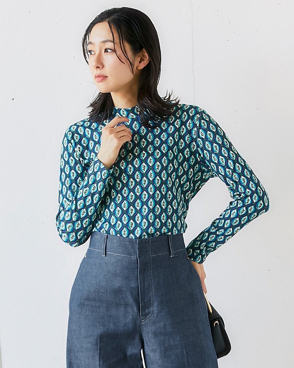 【ドゥクラッセ/DoCLASSE】の超長綿ハイネック/モダン柄 インテリア・キッズ・メンズ・レディースファッション・服の通販 founy(ファニー) 　ファッション　Fashion　レディースファッション　Fashion for Women　トップス・カットソー　Cut & Sew Tops　シャツ・ブラウス・オフィスカジュアル　Elegant Blouses & Button-Ups　ロングTシャツ・Tシャツ　Longline T-Shirts & Tees　カットソー・ベーシックTシャツ　Cut-and-Sewn Tops / Stretch Tees & Basics　なめらか　Smooth, Silky Texture　カットソー　Cut and Sewn Top　ハイネック　High Neck, Mock Neck　ペイズリー　Paisley, Ethnic Pattern　ボタニカル　Botanical, Floral Pattern　モダン　Modern, Contemporary　ネイビー&times;グリーン|ID: prp329100004920085 ipo3291000000036912227