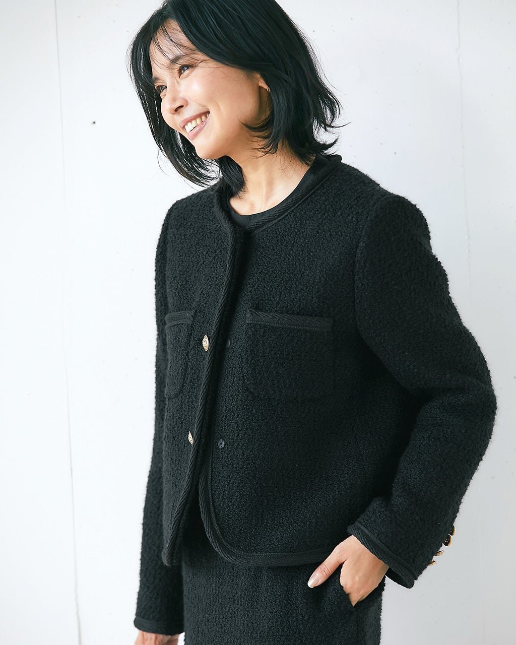 【ドゥクラッセ/DoCLASSE】のファンシーツイード・ノーカラージャケット インテリア・キッズ・メンズ・レディースファッション・服の通販 founy(ファニー) 　ファッション　Fashion　レディースファッション　Fashion for Women　アウター　Coat / Outerwear Collection　レディースジャケット・軽アウター　Jackets　ノーカラージャケット / シンプル上品コーデ　Collarless Jackets　おすすめ　Recommended / Our Picks　ジャケット　Jacket, Outerwear　セットアップ　Set-Up, Coordinated Outfit　タイトスカート　Pencil Skirt, Tight Skirt　ツイード　Twill, Twill Weave　デニム　Denim, Jeans Material　フォルム　Silhouette, Form　ミックス　Mix, Mixed Style　エレガント 上品　Elegant　ブラック|ID: prp329100004920344 ipo3291000000036913890