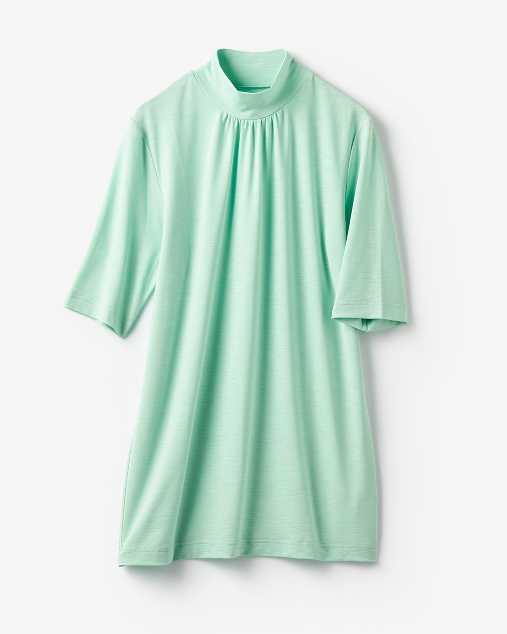 【ドゥクラッセ/DoCLASSE】のUVスラブ・ギャザーハイネックブラウスN/5分袖 インテリア・キッズ・メンズ・レディースファッション・服の通販 founy(ファニー) 　ファッション　Fashion　レディースファッション　Fashion for Women　トップス・カットソー　Cut & Sew Tops　シャツ・ブラウス・オフィスカジュアル　Elegant Blouses & Button-Ups　ロングTシャツ・Tシャツ　Longline T-Shirts & Tees　カットソー・ベーシックTシャツ　Cut-and-Sewn Tops / Stretch Tees & Basics　おすすめ　Recommended / Our Picks　カットソー　Cut and Sewn Top　ギャザー　Gathered, Ruffled　セットアップ　Set-Up, Coordinated Outfit　エレガント 上品　Elegant　人気　Popular, Best Seller　ビジネス 仕事 通勤　Business / Work / Commuting　夏　Summer　旅行　Travel　ミントグリーン|ID: prp329100004920443 ipo3291000000037016244