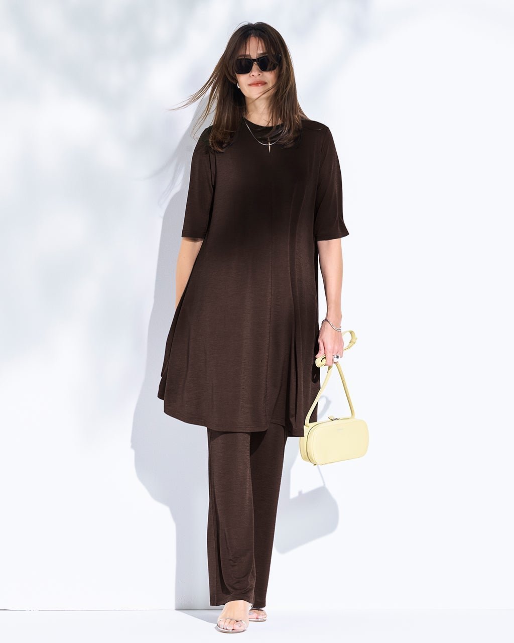 【ドゥクラッセ/DoCLASSE】のUVスラブ・セミフレアパンツ/72cm インテリア・キッズ・メンズ・レディースファッション・服の通販 founy(ファニー) 　ファッション　Fashion　レディースファッション　Fashion for Women　パンツ　Pants & Trousers　新作・新入荷　New Arrivals / New In　カットソー　Cut and Sewn Top　夏　Summer　旅行　Travel　ダークブラウン|ID: prp329100004926189 ipo3291000000036964342