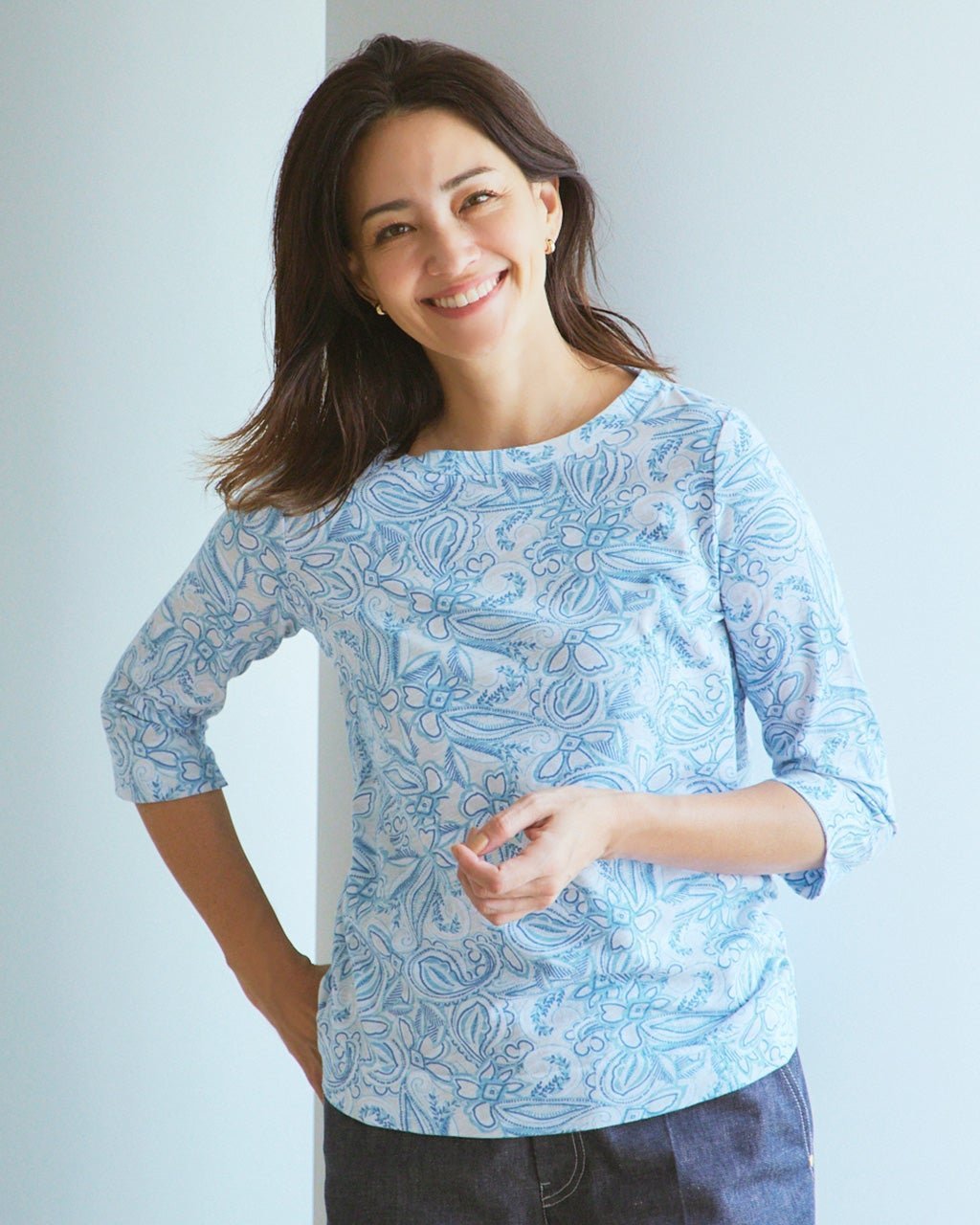 【ドゥクラッセ/DoCLASSE】の綿スラブ・ボートネックT/7分袖 インテリア・キッズ・メンズ・レディースファッション・服の通販 founy(ファニー) 　ファッション　Fashion　レディースファッション　Fashion for Women　トップス・カットソー　Cut & Sew Tops　シャツ・ブラウス・オフィスカジュアル　Elegant Blouses & Button-Ups　ロングTシャツ・Tシャツ　Longline T-Shirts & Tees　カットソー・ベーシックTシャツ　Cut-and-Sewn Tops / Stretch Tees & Basics　カットソー　Cut and Sewn Top　プリント　Print, Printed Pattern　モダン　Modern, Contemporary　エレガント 上品　Elegant　夏　Summer　定番　Standard, Basic Item　グレー&times;ブルー|ID: prp329100004933975 ipo3291000000037032296