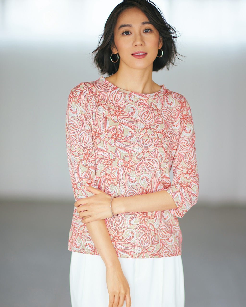 【ドゥクラッセ/DoCLASSE】の綿スラブ・ボートネックT/7分袖 インテリア・キッズ・メンズ・レディースファッション・服の通販 founy(ファニー) 　ファッション　Fashion　レディースファッション　Fashion for Women　トップス・カットソー　Cut & Sew Tops　シャツ・ブラウス・オフィスカジュアル　Elegant Blouses & Button-Ups　ロングTシャツ・Tシャツ　Longline T-Shirts & Tees　カットソー・ベーシックTシャツ　Cut-and-Sewn Tops / Stretch Tees & Basics　カットソー　Cut and Sewn Top　プリント　Print, Printed Pattern　モダン　Modern, Contemporary　エレガント 上品　Elegant　夏　Summer　定番　Standard, Basic Item　ピンク・パターン|ID: prp329100004933975 ipo3291000000037032297