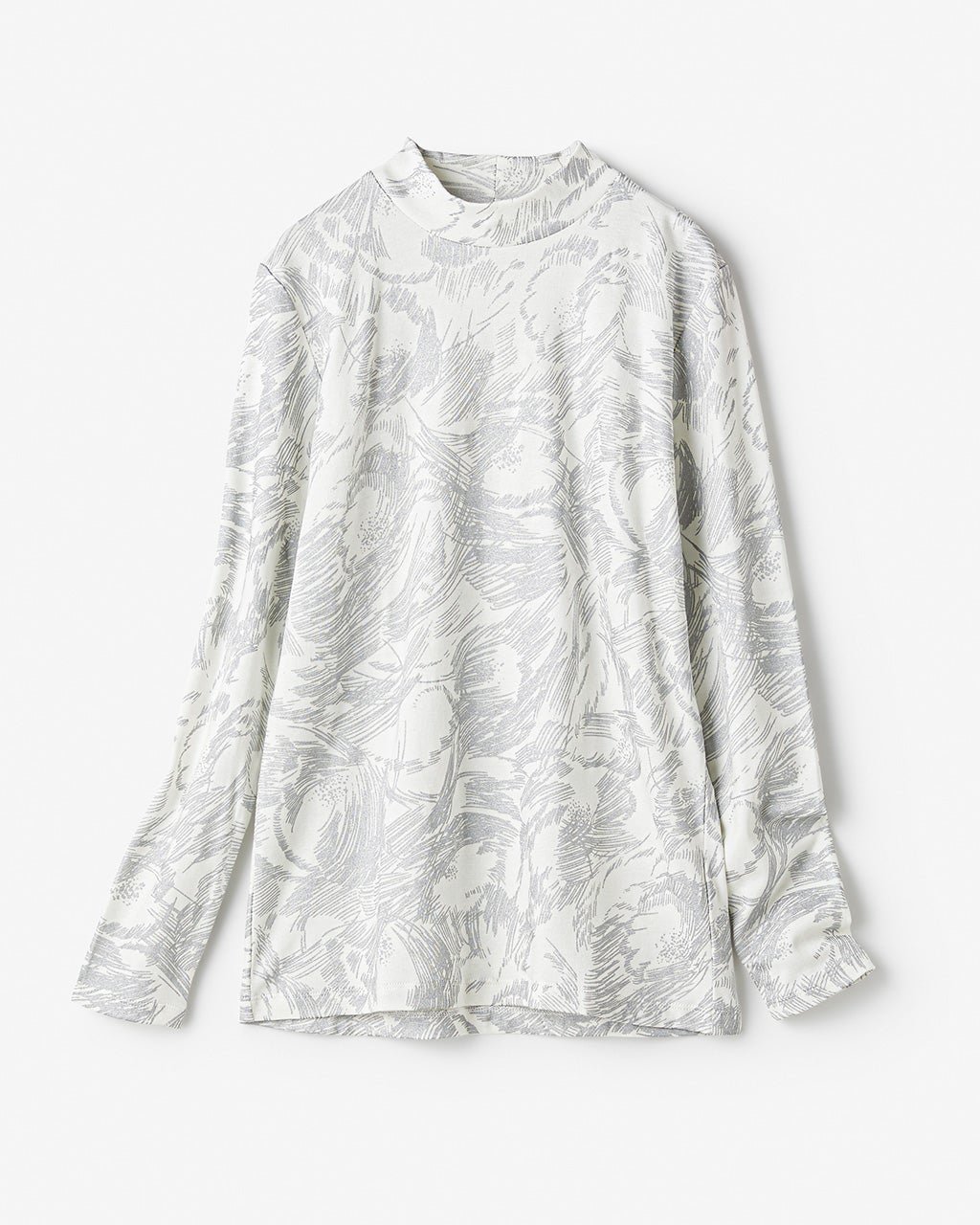 【ドゥクラッセ/DoCLASSE】の超長綿・ハイネック/総柄 インテリア・キッズ・メンズ・レディースファッション・服の通販 founy(ファニー) 　ファッション　Fashion　レディースファッション　Fashion for Women　トップス・カットソー　Cut & Sew Tops　シャツ・ブラウス・オフィスカジュアル　Elegant Blouses & Button-Ups　ロングTシャツ・Tシャツ　Longline T-Shirts & Tees　カットソー・ベーシックTシャツ　Cut-and-Sewn Tops / Stretch Tees & Basics　なめらか　Smooth, Silky Texture　カットソー　Cut and Sewn Top　タートルネック　Turtleneck, High Neck　ハイネック　High Neck, Mock Neck　シルバー&times;ホワイト|ID: prp329100004934401 ipo3291000000037033931