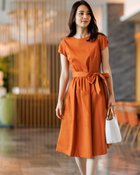 【ドゥクラッセ/DoCLASSE】のストレッチピケ・フレアワンピース/ベルト付 オレンジ|ID: prp329100004934666 ipo3291000000037140658