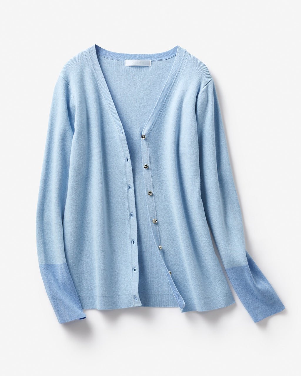 【ドゥクラッセ/DoCLASSE】のシルクフィール・配色カフスカーディガン インテリア・キッズ・メンズ・レディースファッション・服の通販 founy(ファニー) 　ファッション　Fashion　レディースファッション　Fashion for Women　トップス・カットソー　Cut & Sew Tops　カーディガン・羽織り　Layered Style Cardigans　カフス　Cuff Design　カーディガン　Cardigan, Knitwear　メタル　Metal, Metal Parts　サックス|ID: prp329100004934692 ipo3291000000037035082